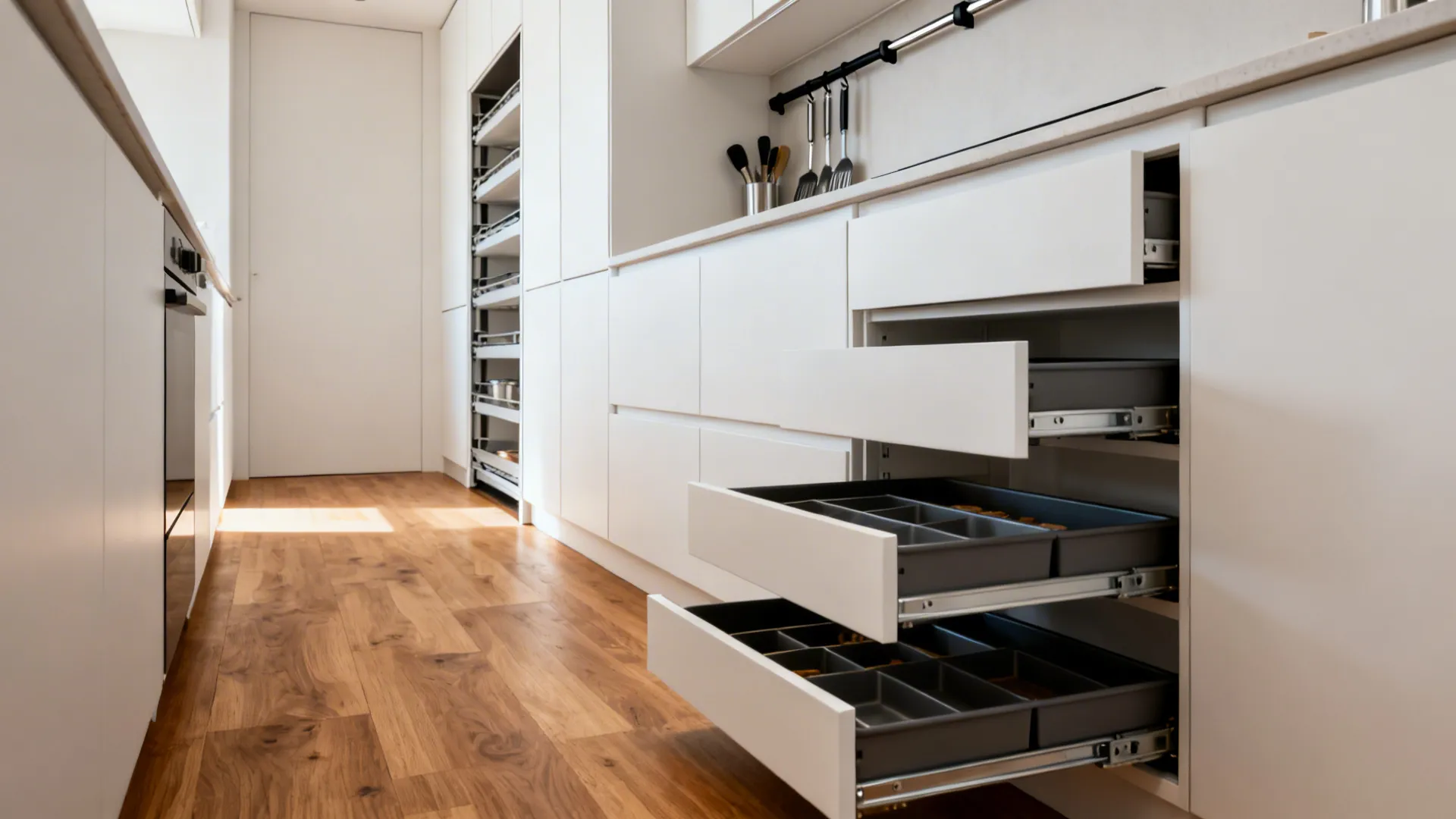 Minimalist galley kitchen with tall pull-out pantry, deep drawers, and slim rail storage.