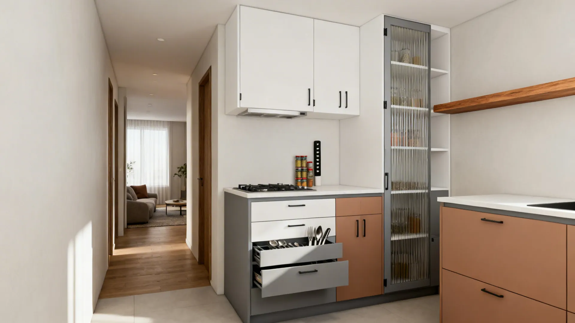 White and warm gray minimalist cabinetry with slim pulls, open shelves, and a vertical spice pull-out in a small kitchen.