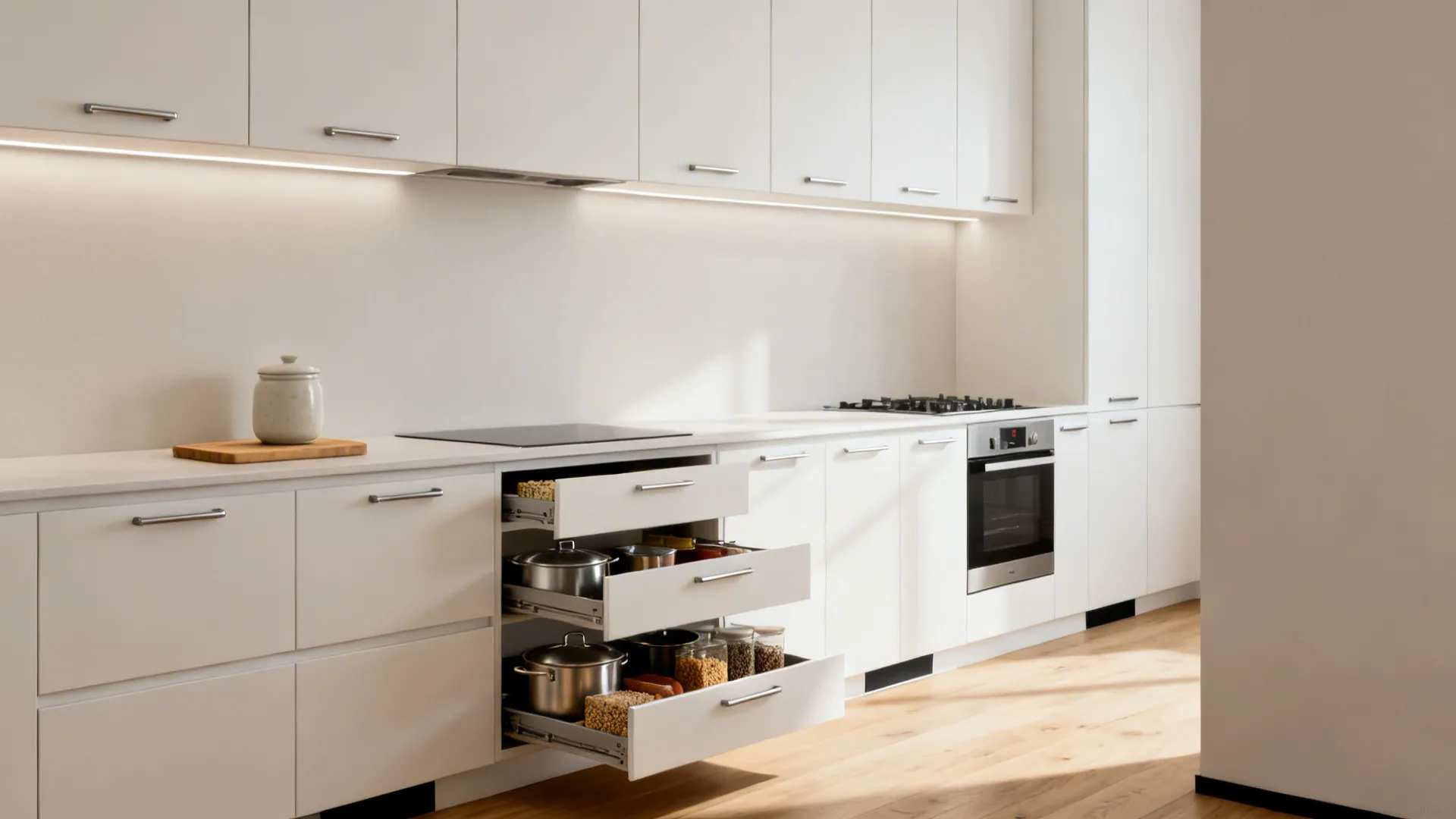 Open white kitchen drawers with pots and pans on a light brown colored wooden floor