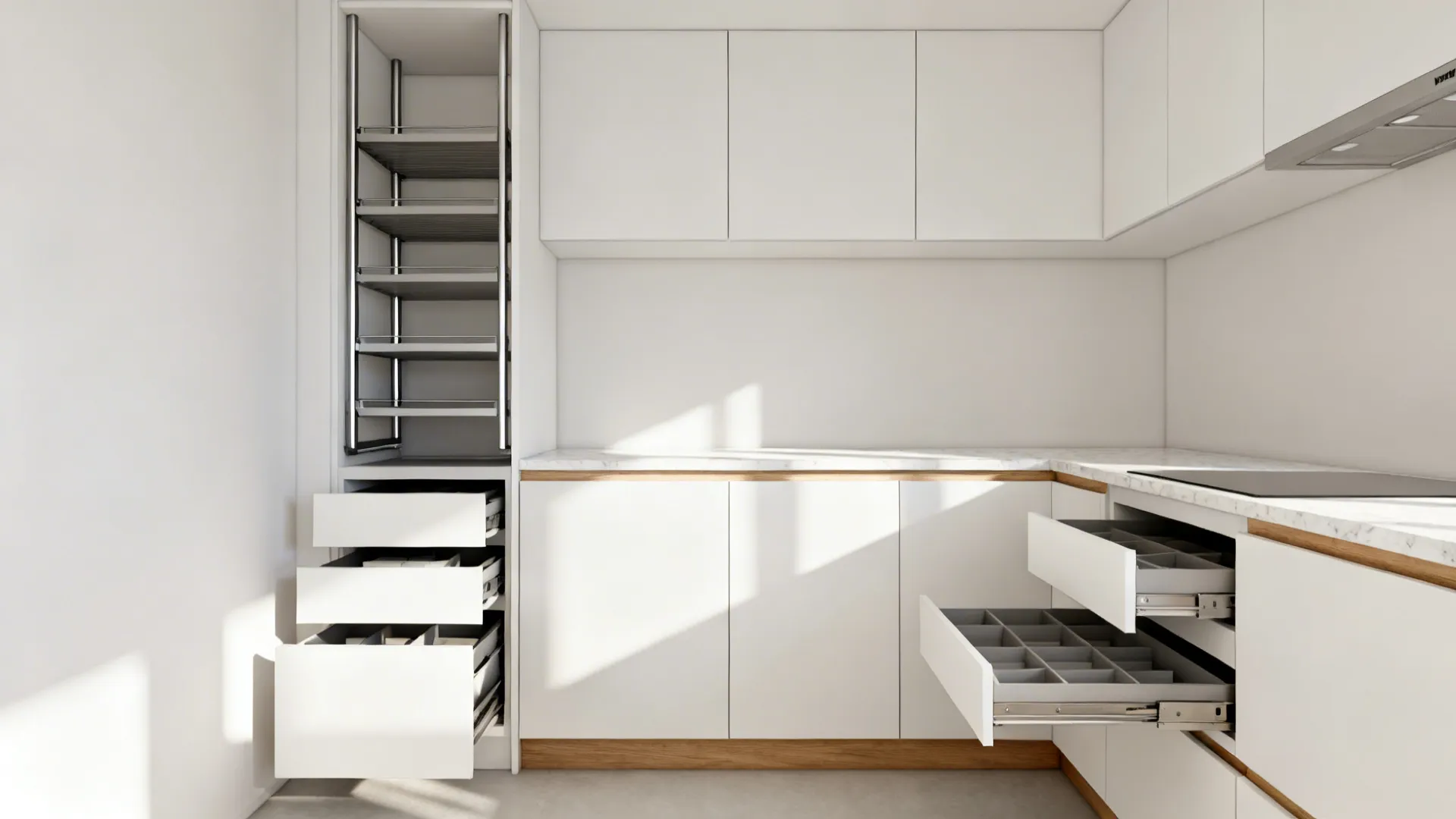 Modern white kitchen design with open storage drawers and pull out shelves for organized space