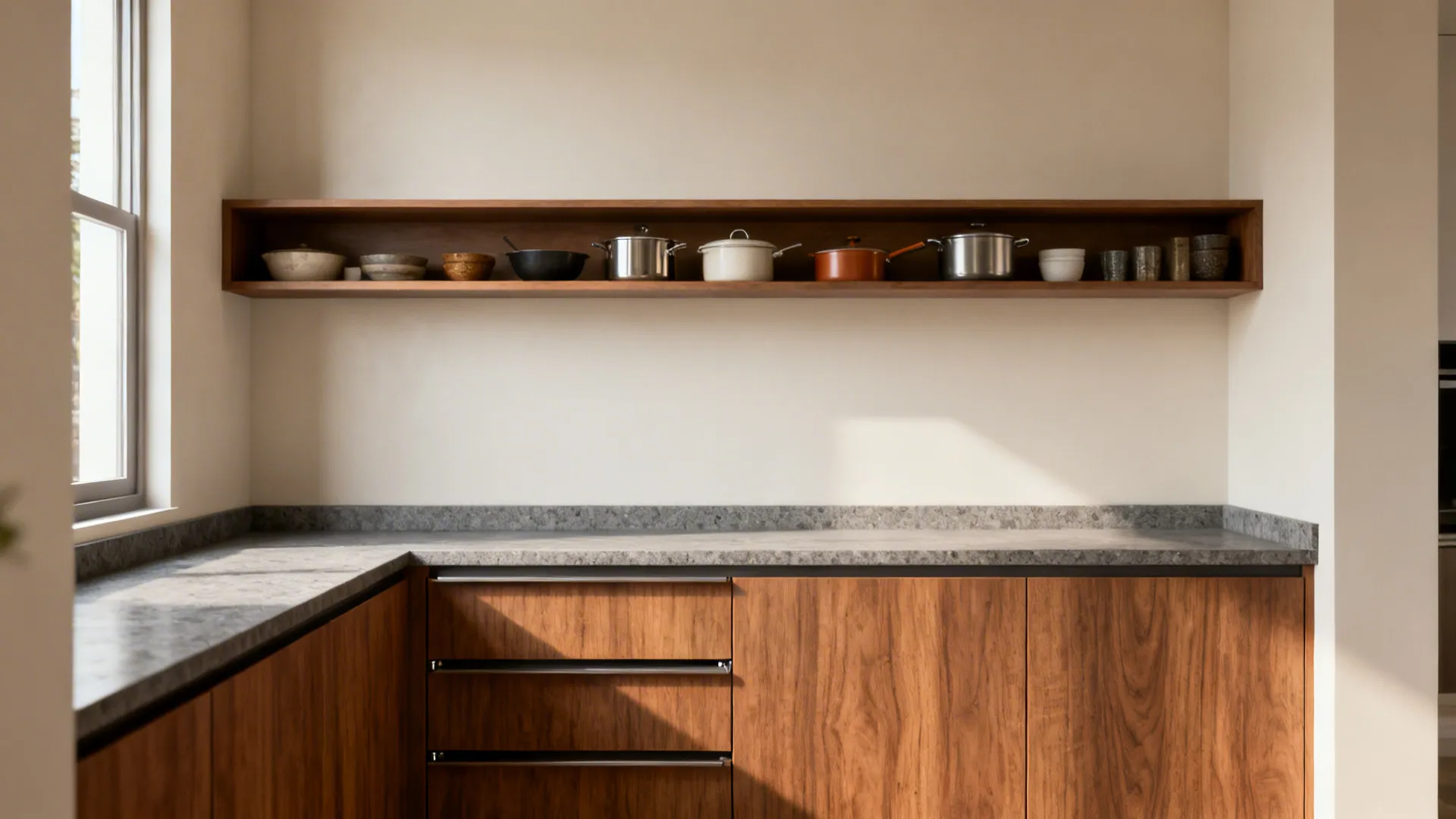 Minimalist kitchen storage with long wood shelf holding pots and bowls above wood base cabinets