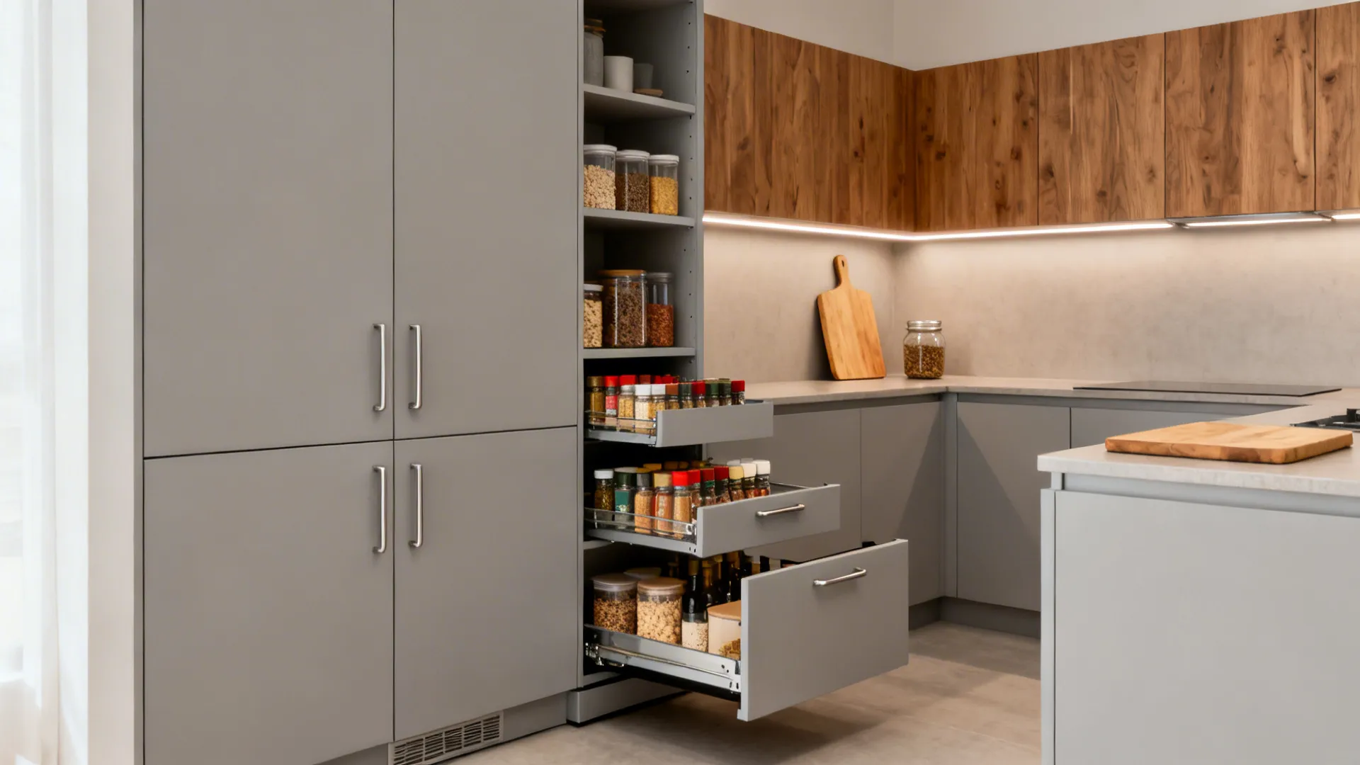 Minimalist compact kitchen with frameless cabinets and pull-out pantry organizers under soft lighting.