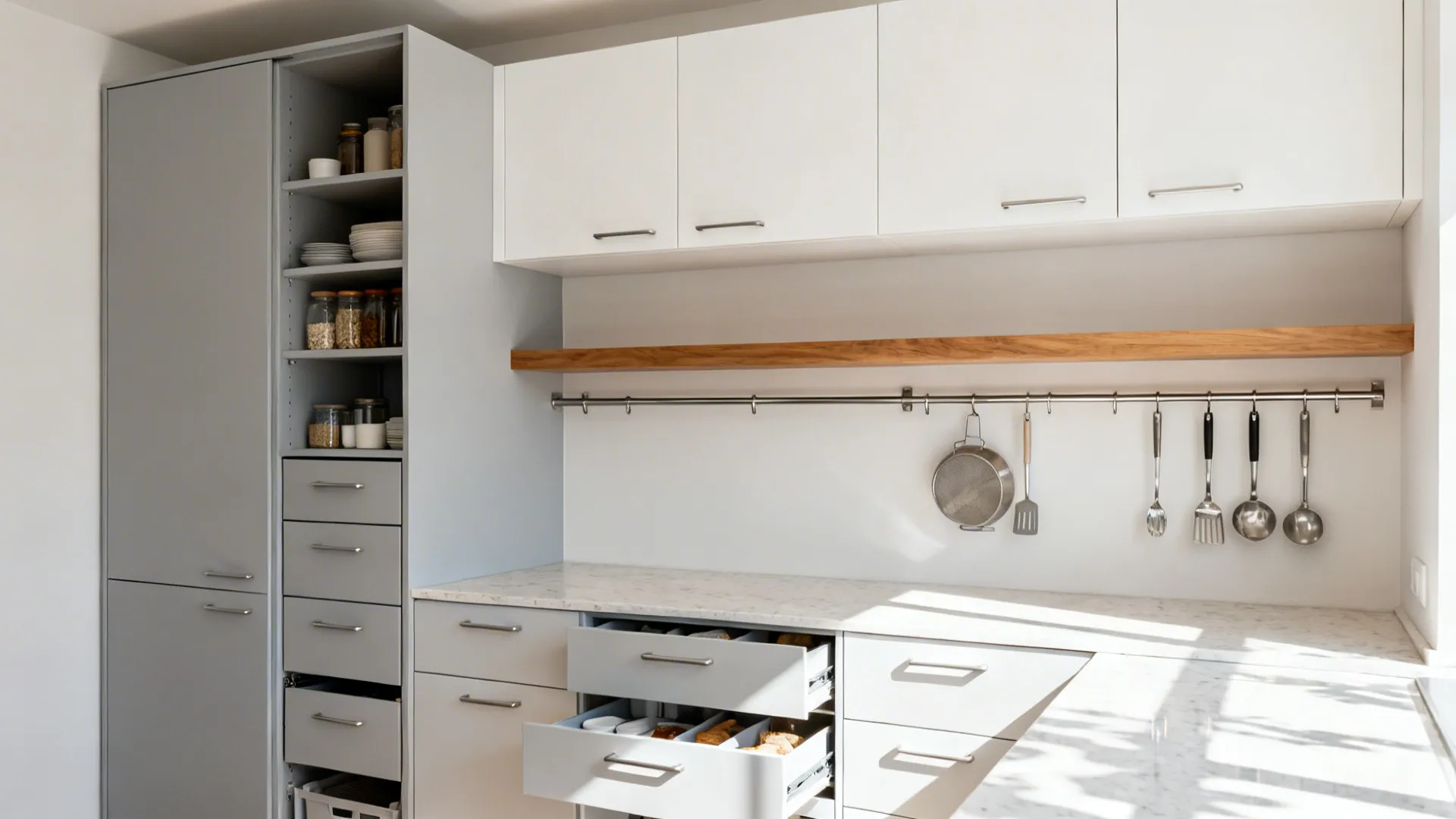 Minimalist kitchen with shallow uppers, a tall pantry pull-out, and open rails in a calm neutral palette.