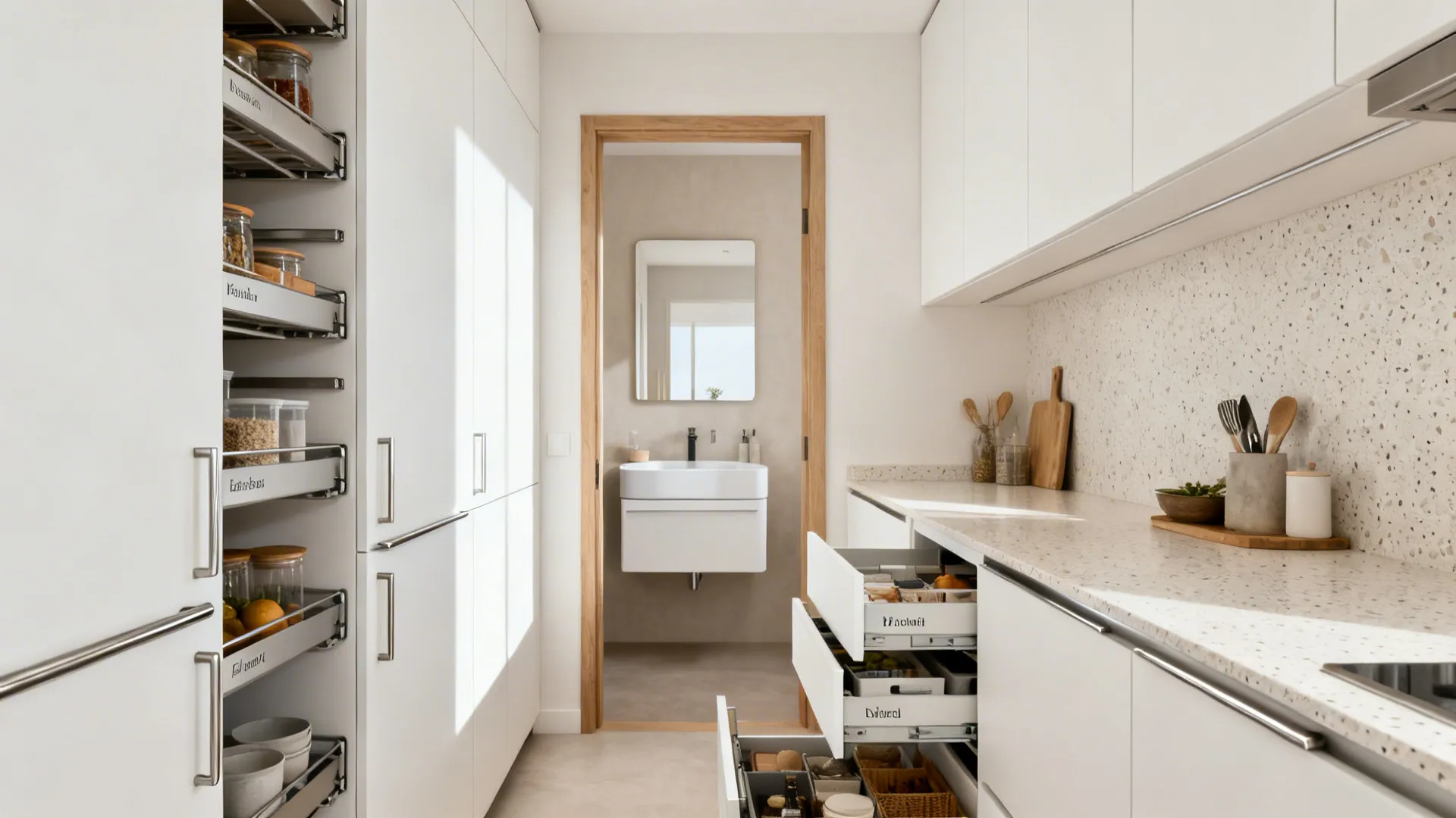 Minimalist small galley kitchen with slim tall pull-outs and handleless matte white cabinets.