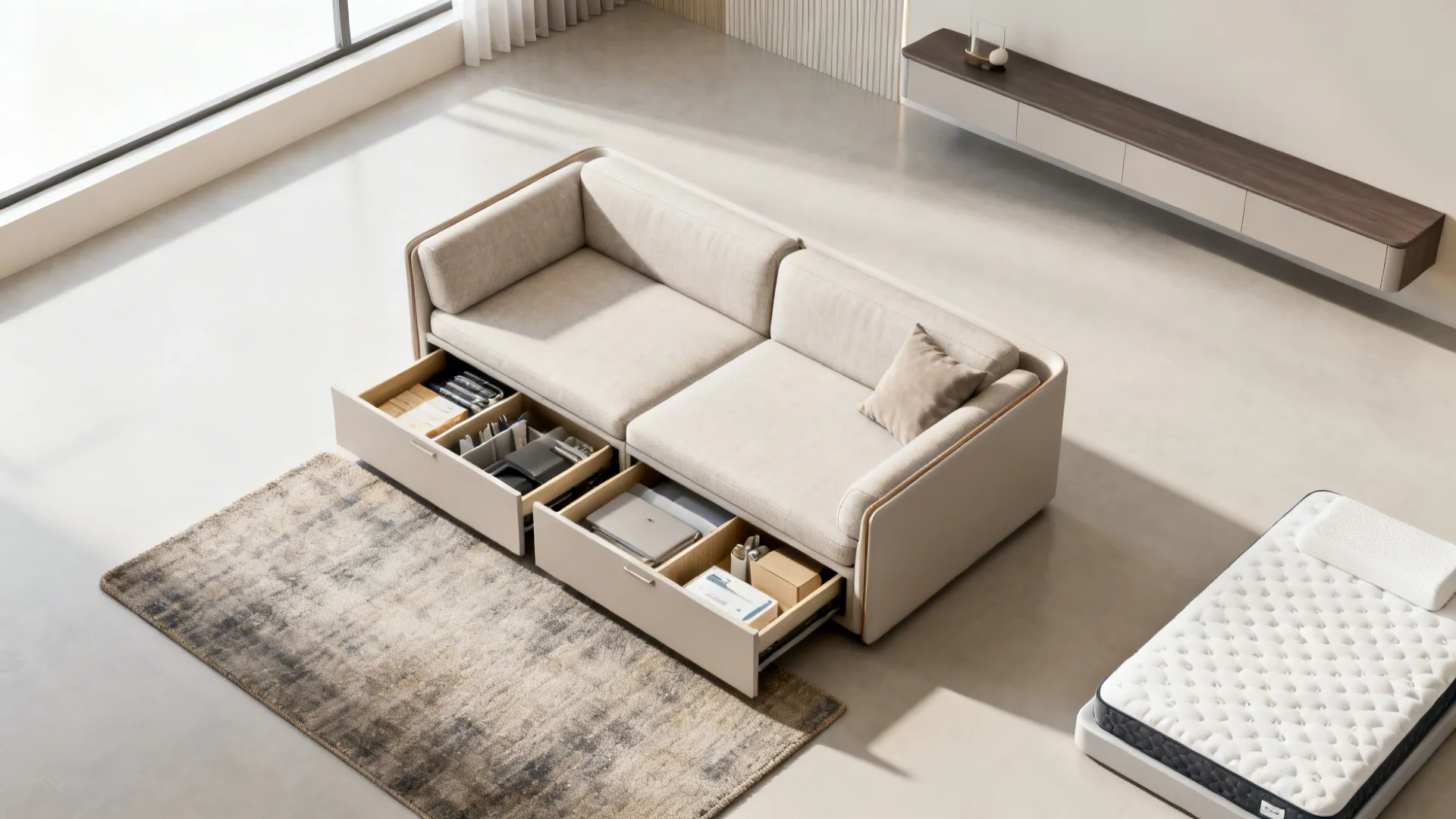 Beige sofa with two open storage drawers underneath placed on a grey rug in large room