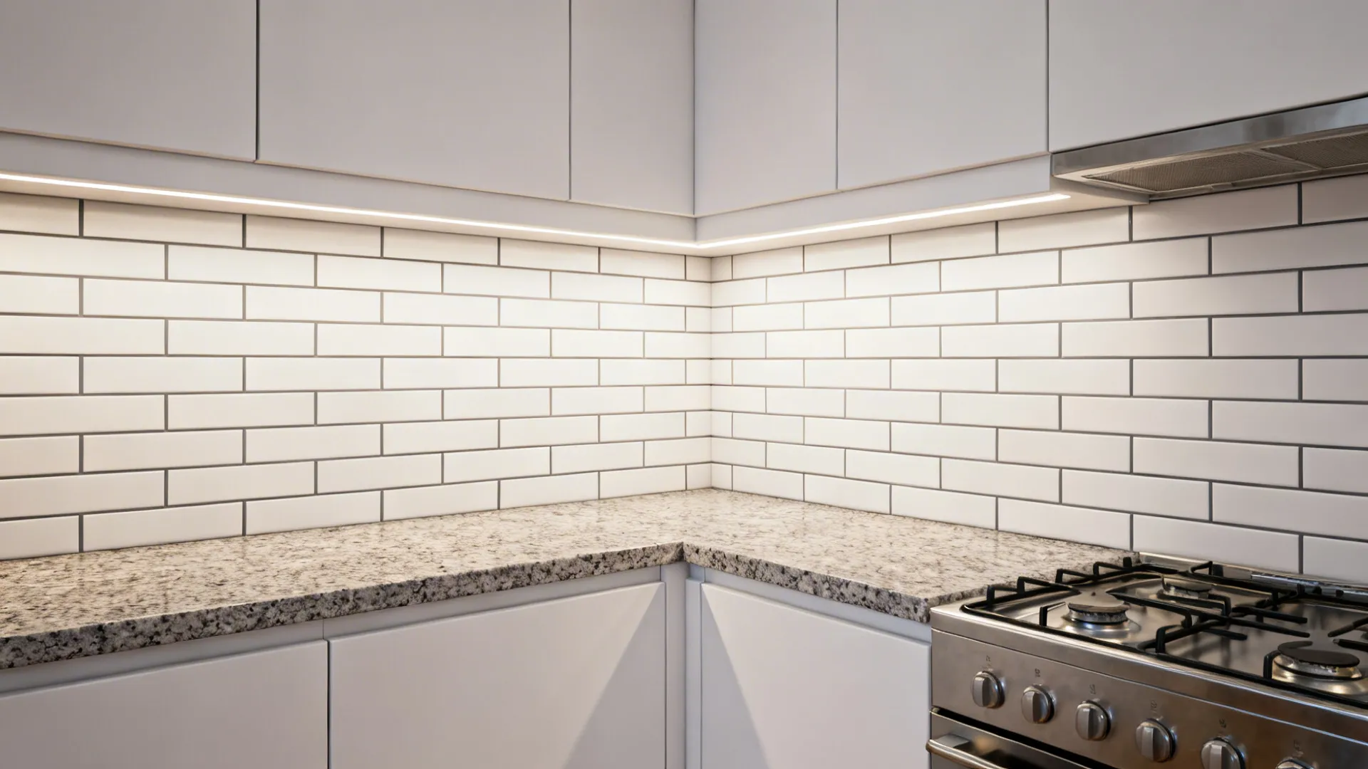 Slim matte white stacked subway tile with high-movement granite in a narrow galley kitchen.