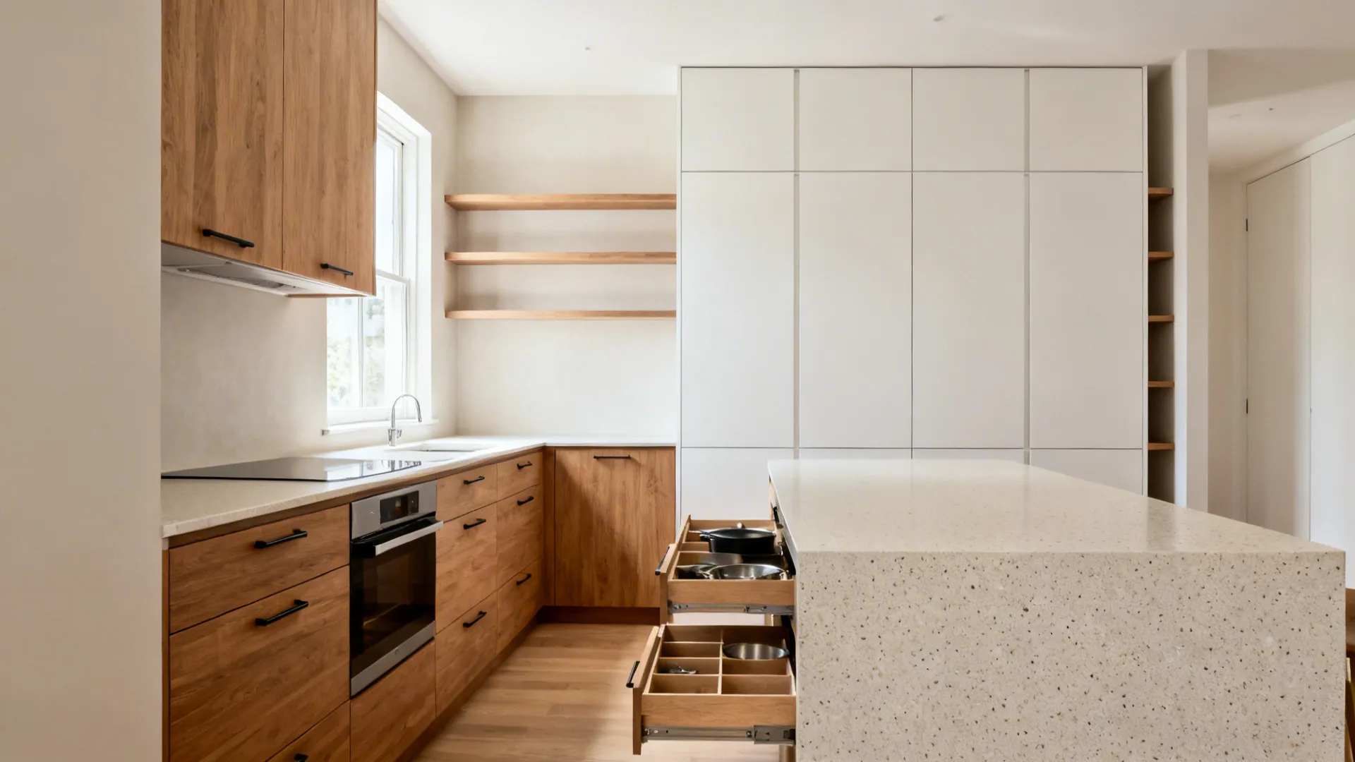 Sunlit L-shaped kitchen with open shelves near window and tall storage away from glass.
