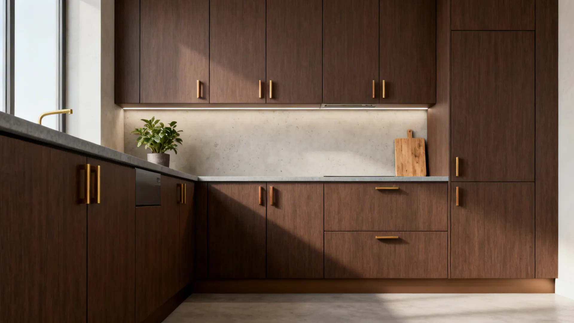 1) Minimalist Dark Sunmica + Warm Accents