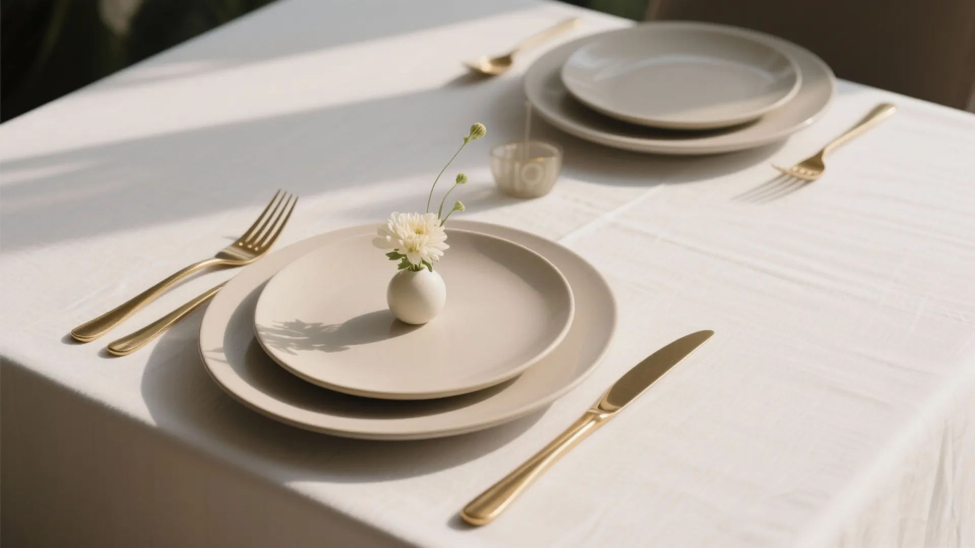 Elegant table setting with beige plates gold cutlery small flower vase and white tablecloth in sunlight