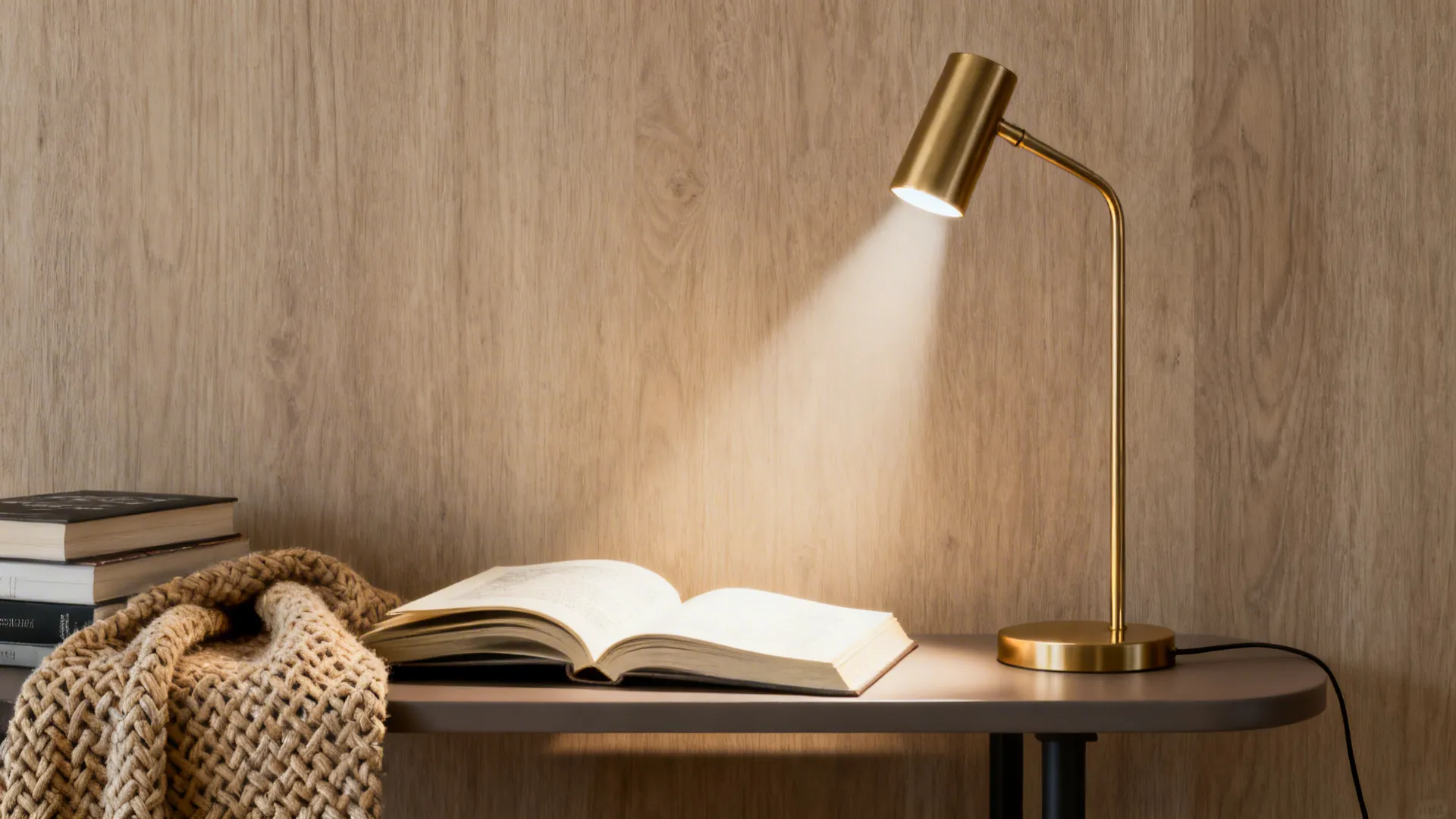 Brass slim task lamp illuminating a reading nook with woven throw and books