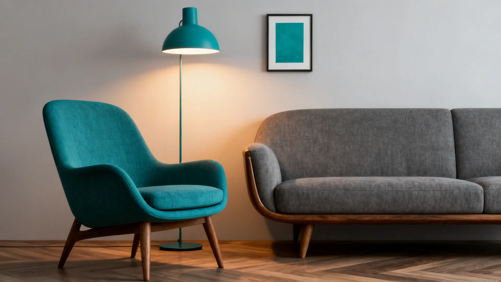 Minimal living room vignette with a teal accent chair and mid-century gray sofa