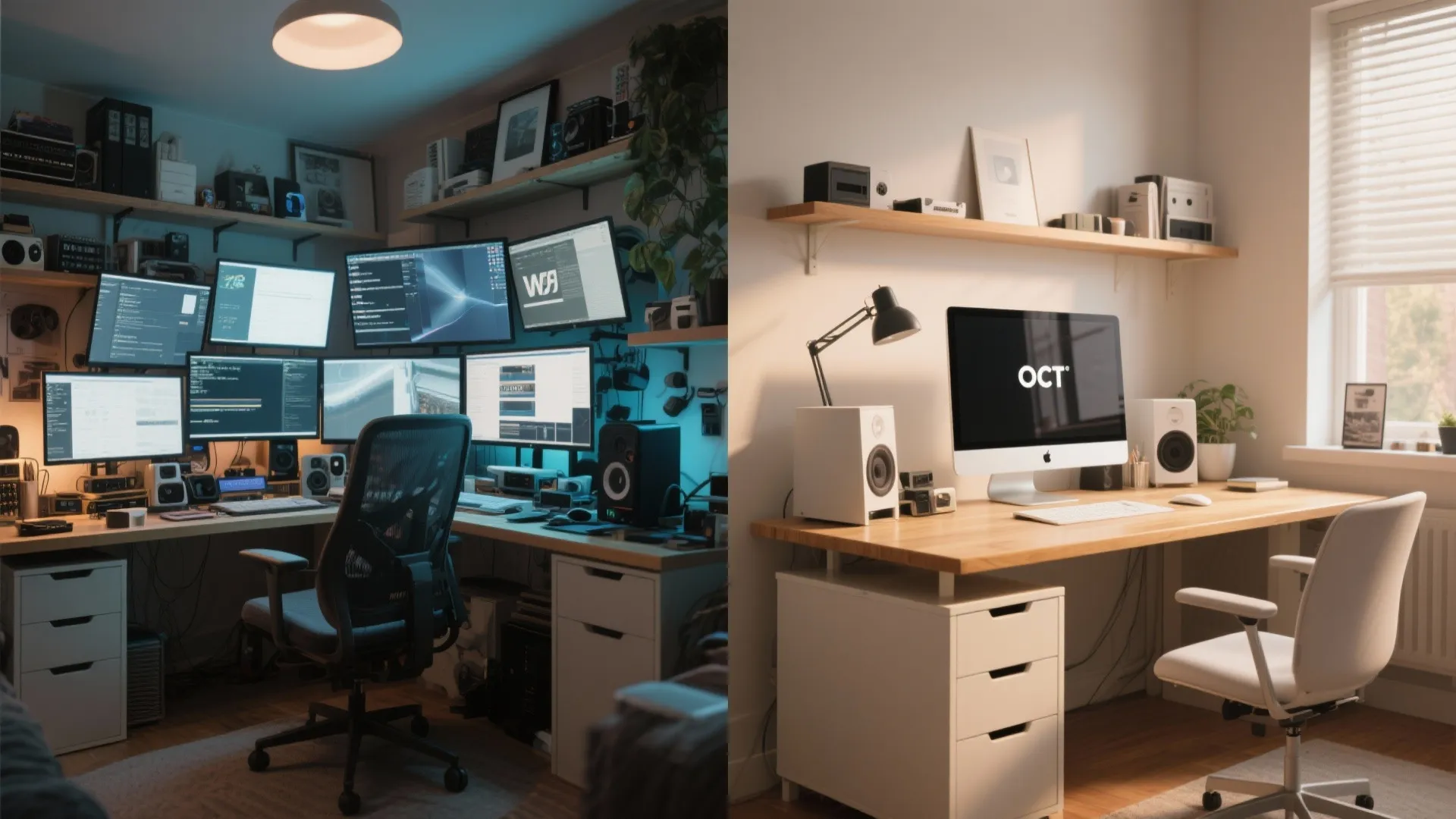 Comparison of a messy dark multi monitor computer desk versus a clean white minimalist workstation