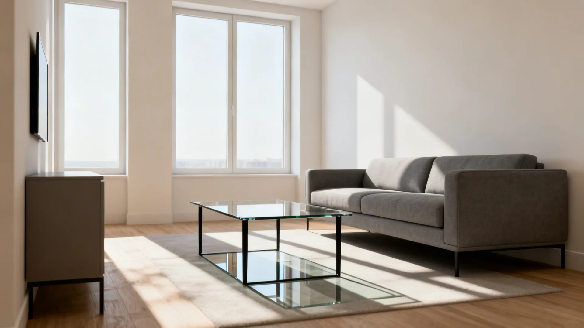 Small studio with a minimalist tempered glass table on slim metal legs and a low-profile sofa.