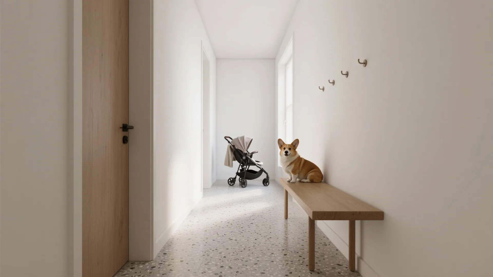 Minimal hallway with terrazzo flooring wooden bench small dog stroller wall hooks and white walls