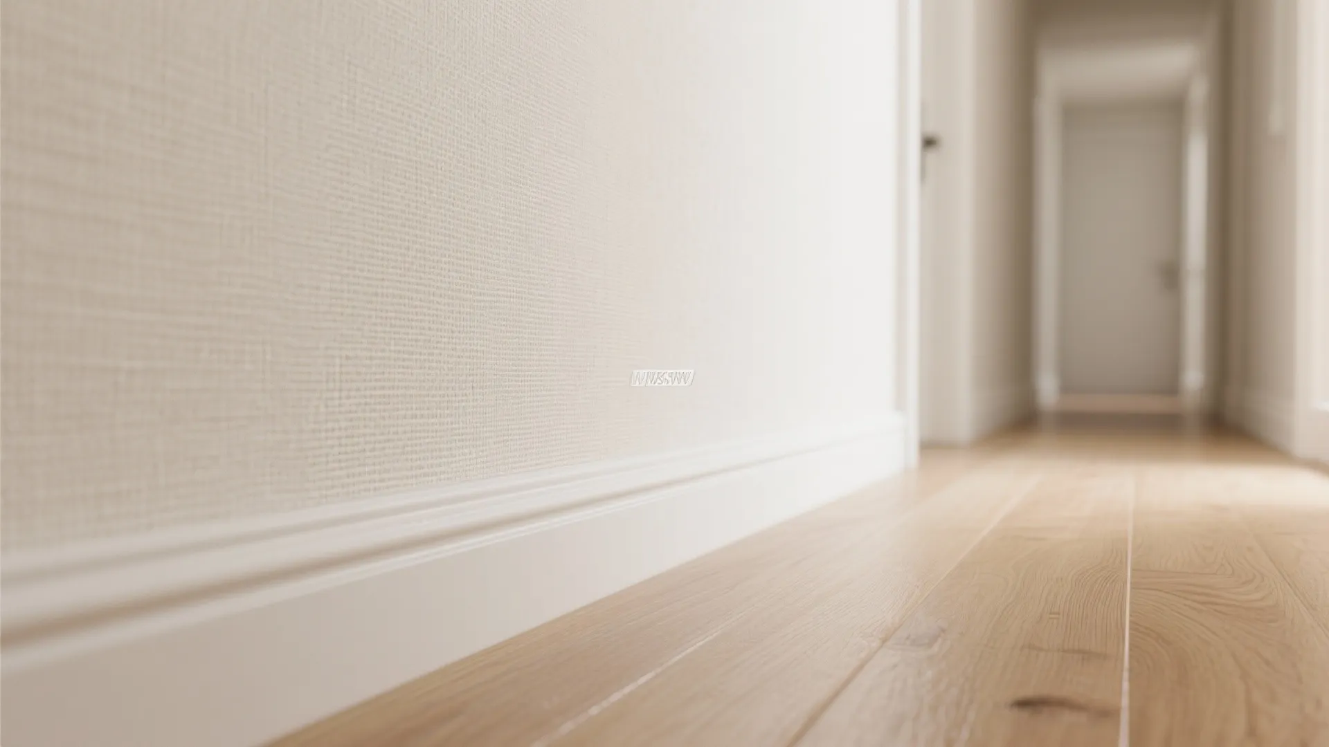 Close up of cream wall panel texture meeting light wood flooring in a bright hallway