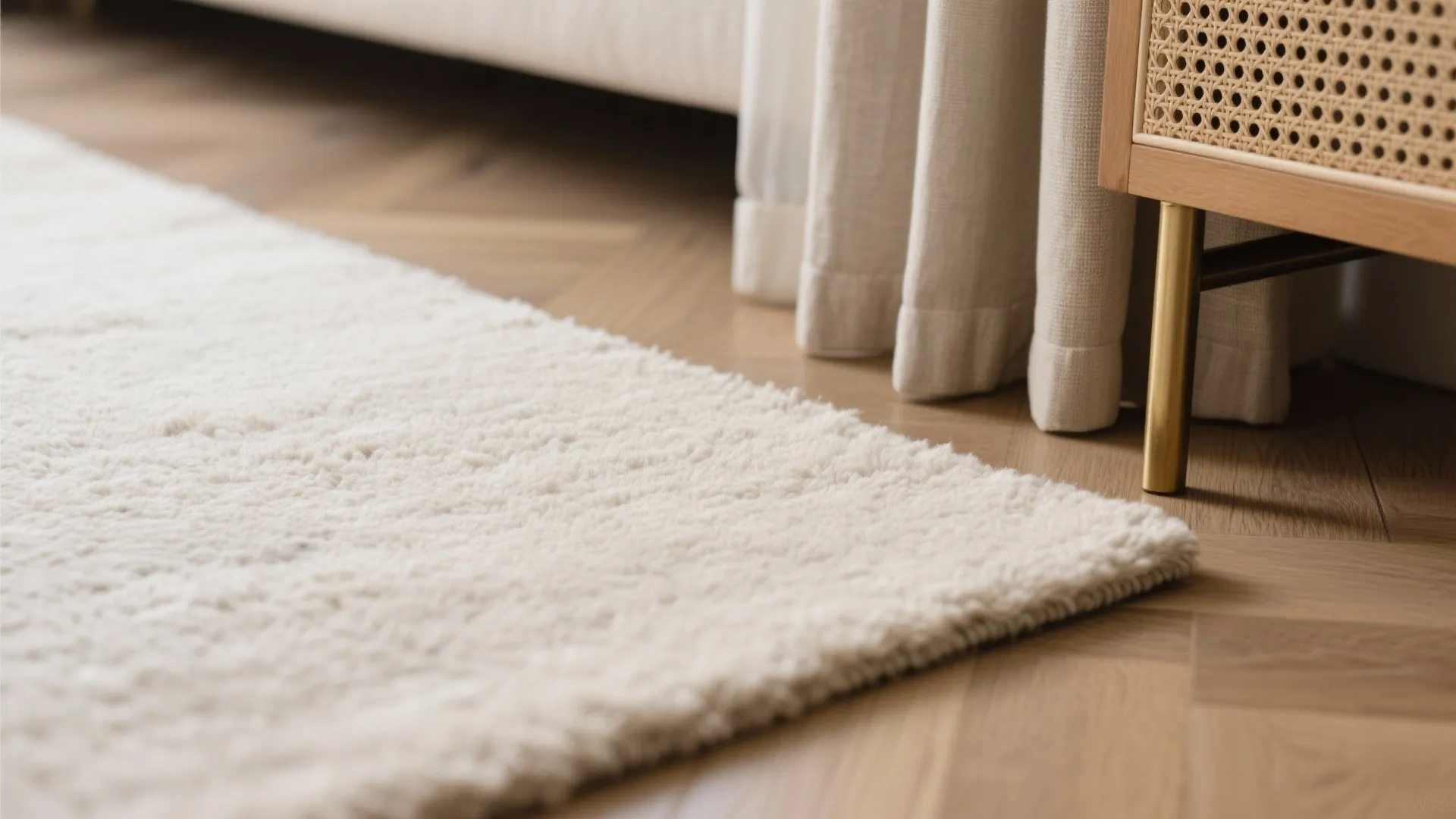 Soft white area rug on wood floor next to a cabinet with woven door panels