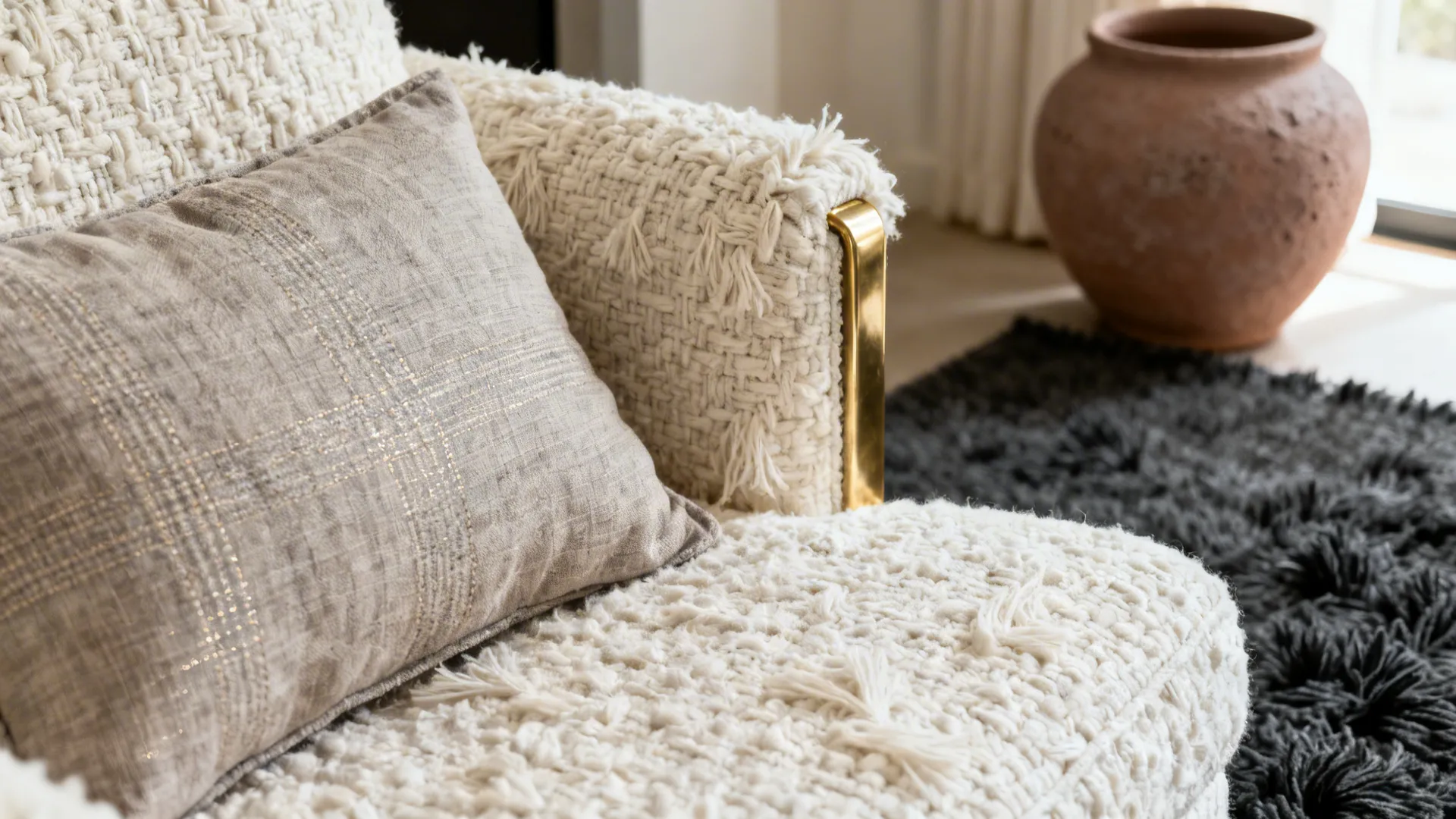 Macro of boucle, linen, brushed brass, and pottery textures in warm neutral tones.