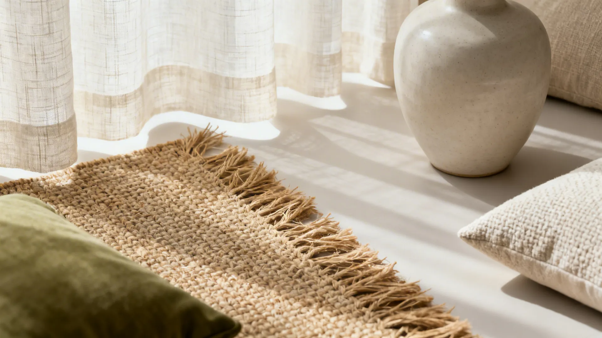 Macro shot of jute rug, linen curtain, matte ceramic, and textured cushions in a minimal palette.