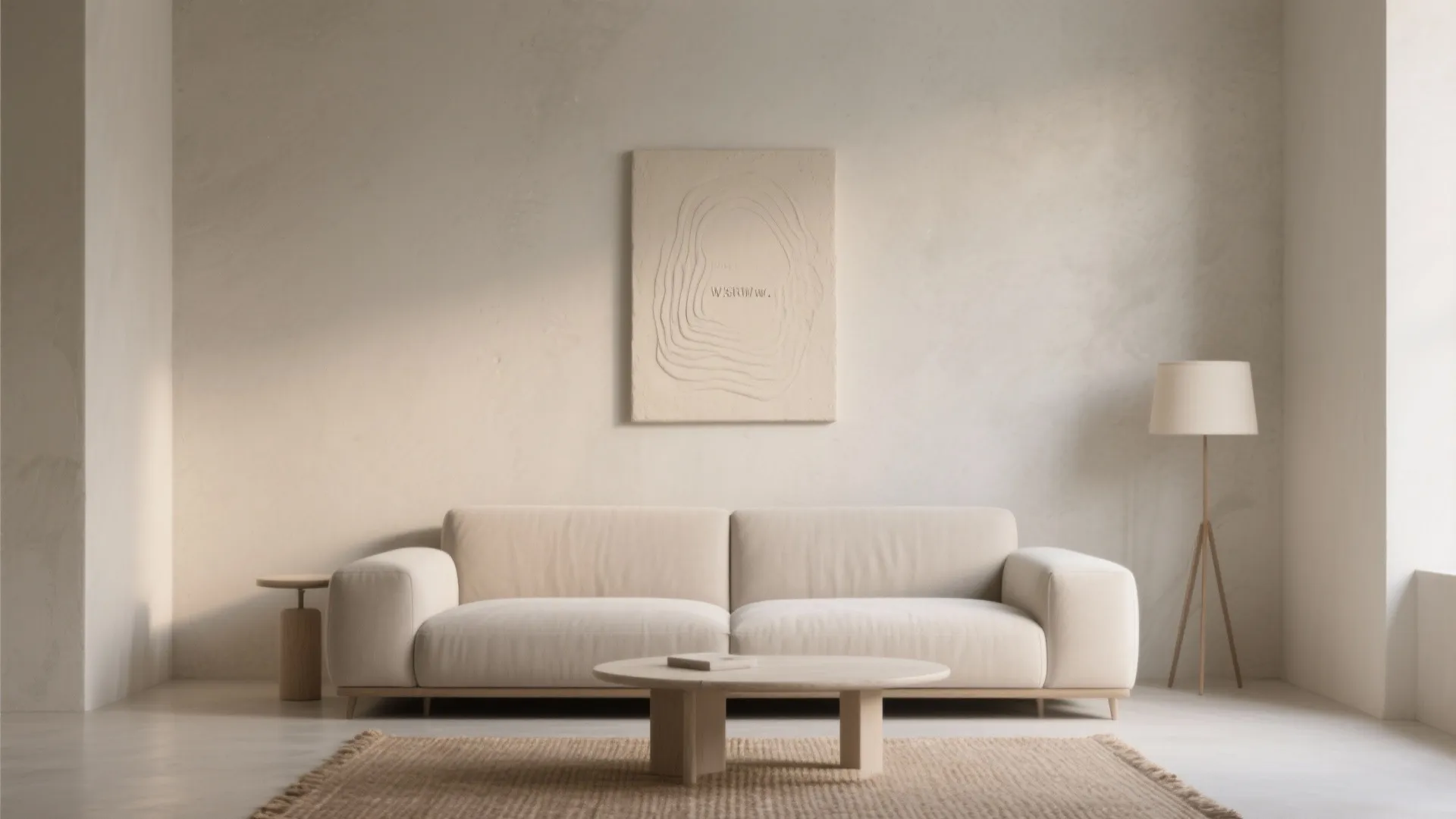 Minimalist studio with a matte plaster plaque above a neutral sofa lit by soft grazing daylight.