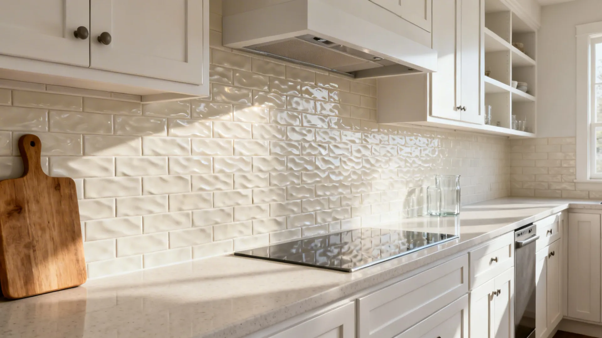 White cabinet galley kitchen with softly textured off-white tile backsplash.
