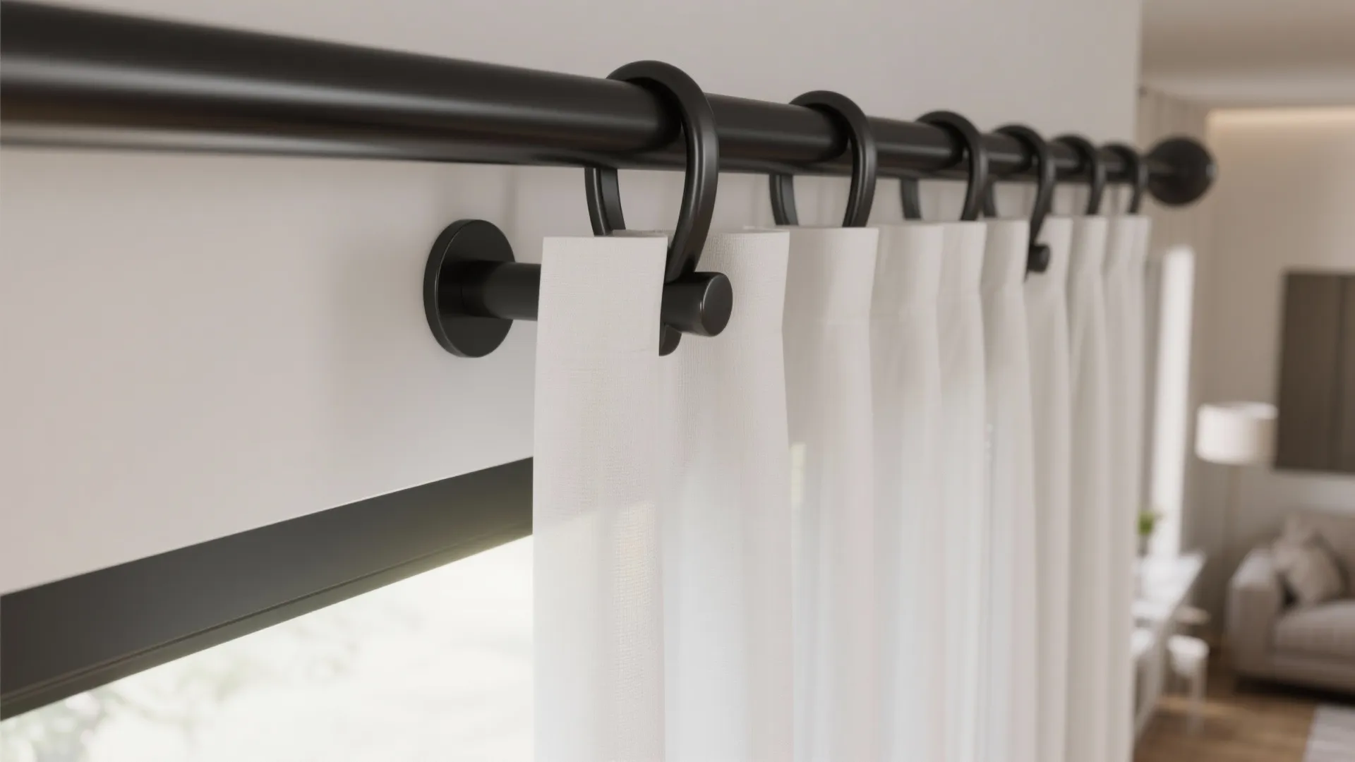 Slim black rod and minimalist tieback detail for a clean curtain installation