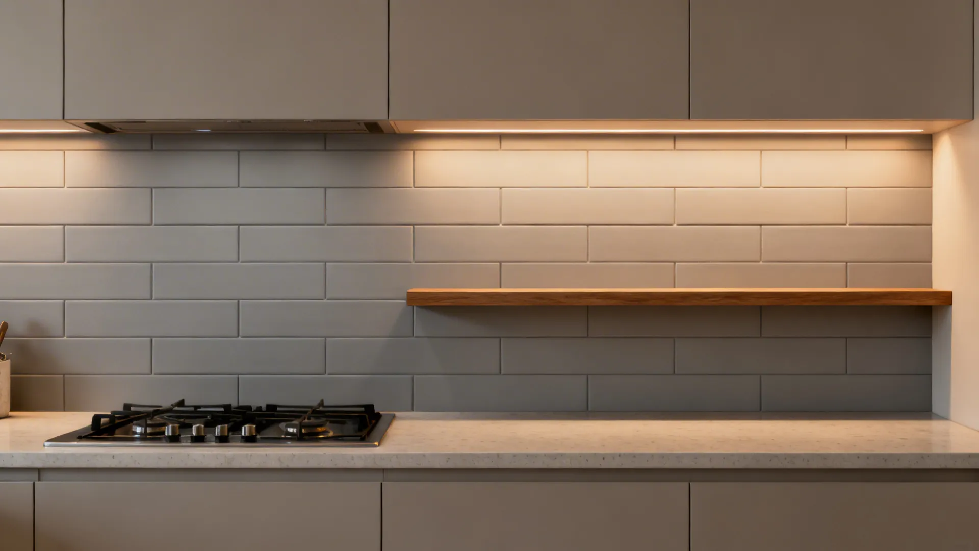 Warm gray matte 2x8 subway tiles with tight grout lines create a calm backsplash.