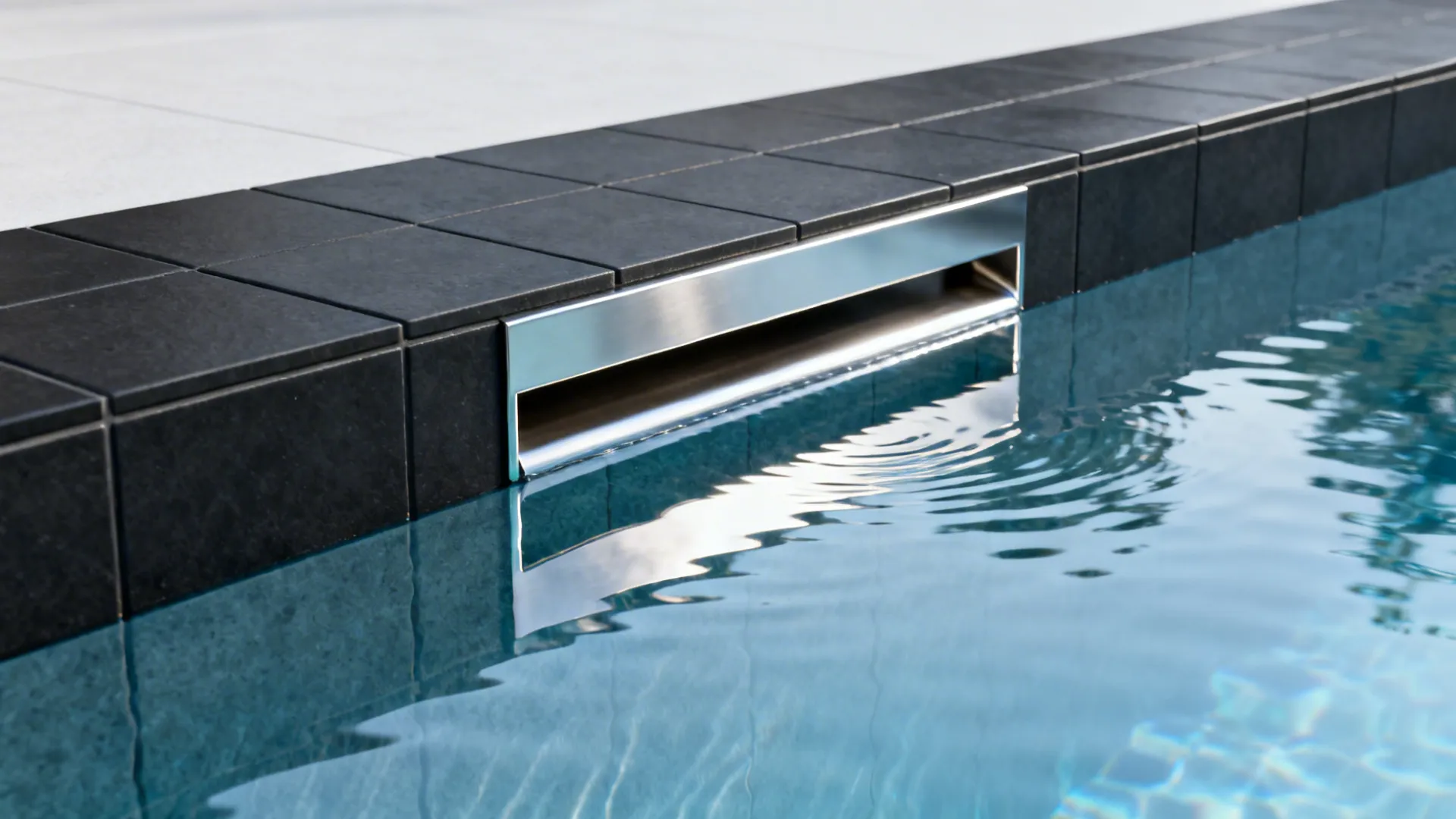 Close-up of dark porcelain tiles and a slim stainless spillway producing reflective water in a minimalist plunge pool.