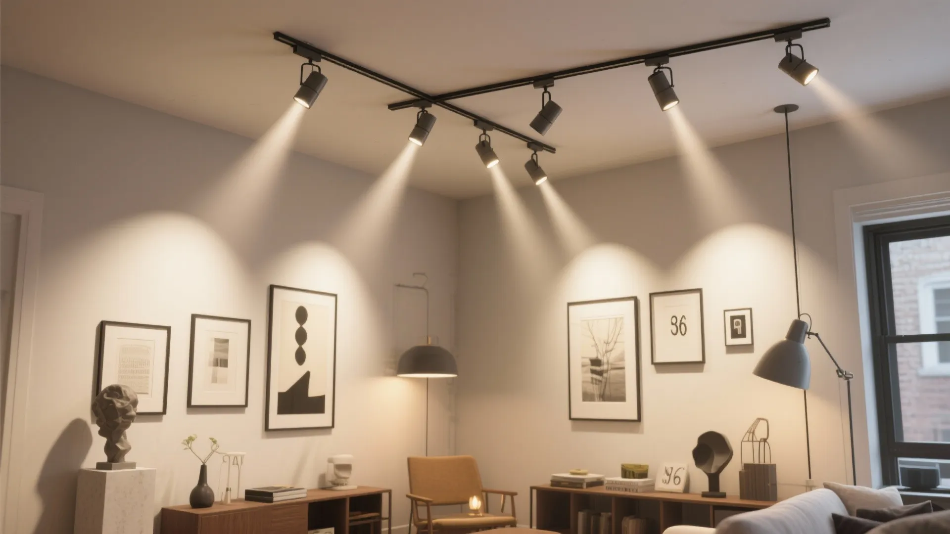 Micro-loft with a single ceiling track and adjustable heads creating crisp art accents and ambient wash.