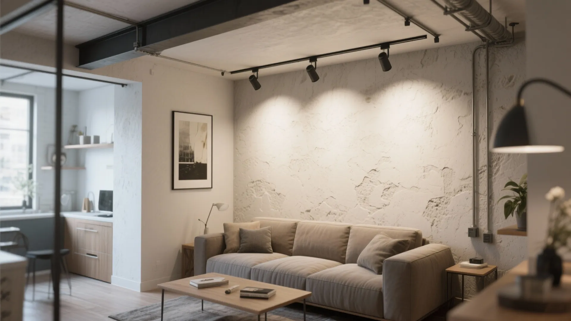 Minimalist track lighting with low‑profile heads