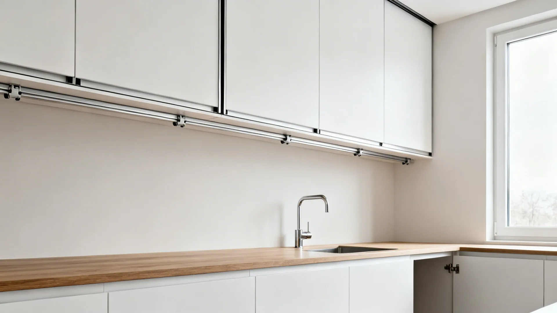 Narrow galley kitchen with slim-track matte sliding upper cabinet doors.