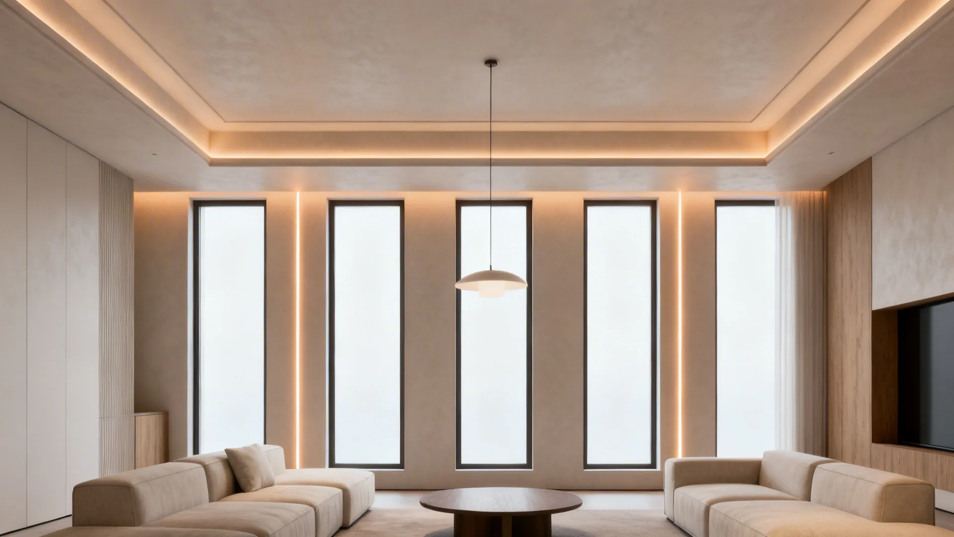 Minimal tray ceiling with soft cove lighting in a bright, modern living room.