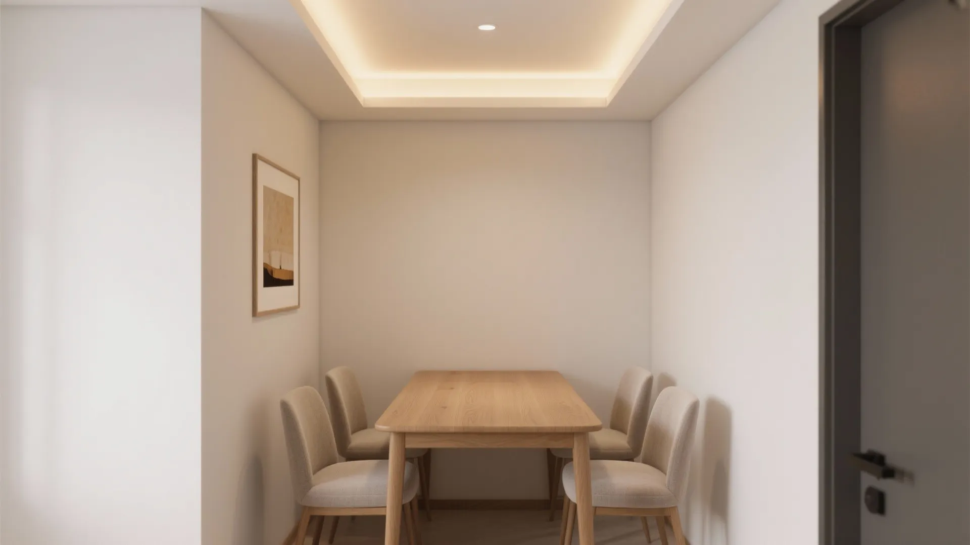 Minimalist dining area with wooden table four beige chairs recessed ceiling light and framed art