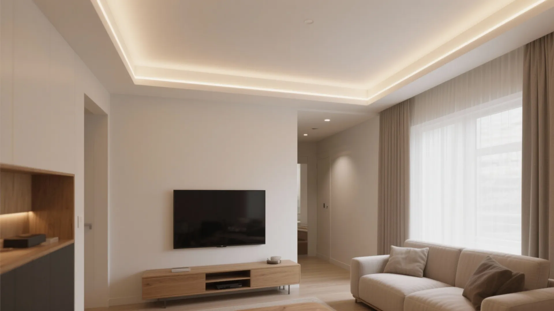 1) Minimalist Gypsum Tray with Cove Lighting