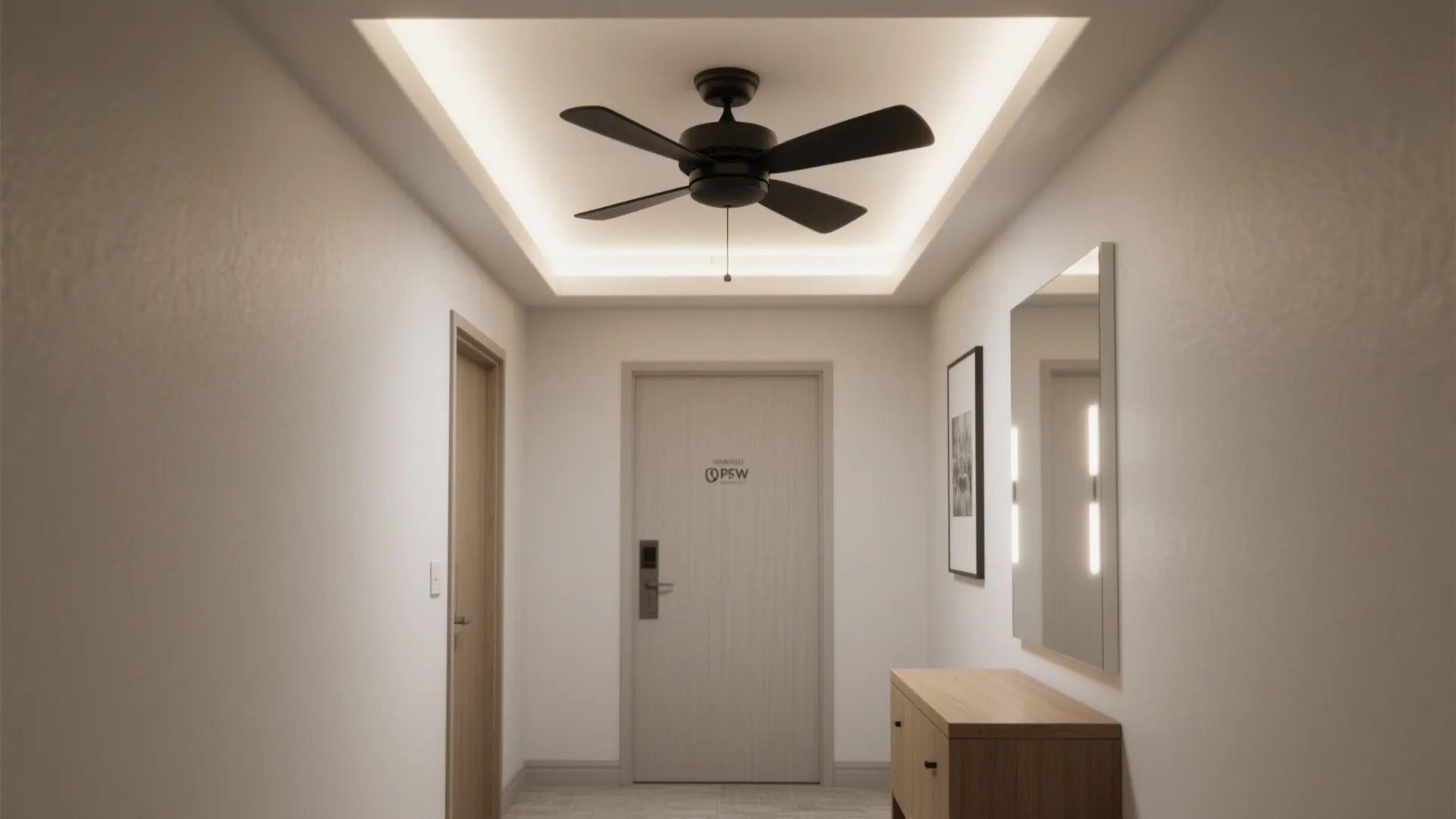 1) Minimal recessed tray with centered fan