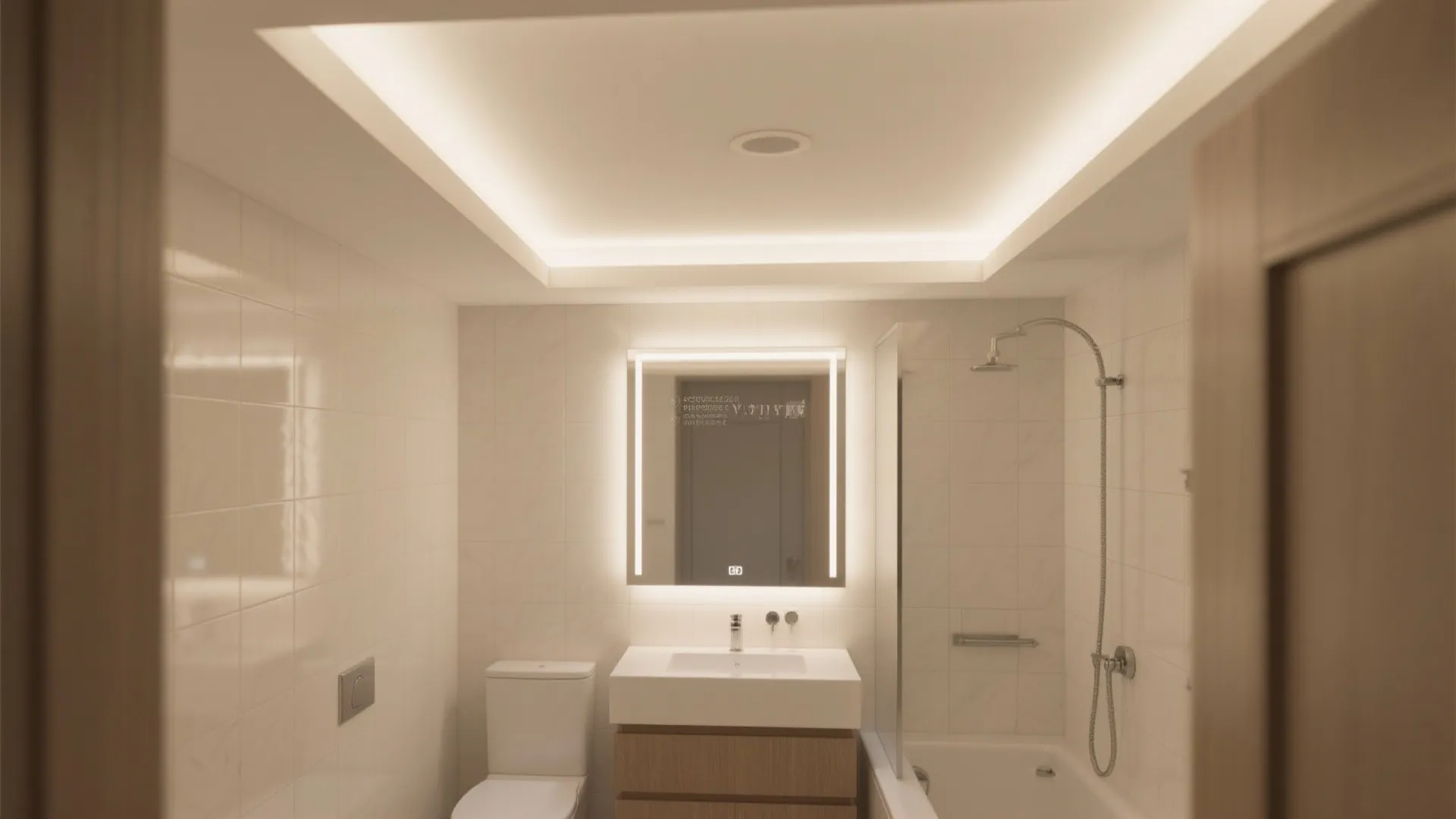 Modern bathroom featuring white toilet, sink with wooden cabinet, bathtub, and hidden warm ceiling lights