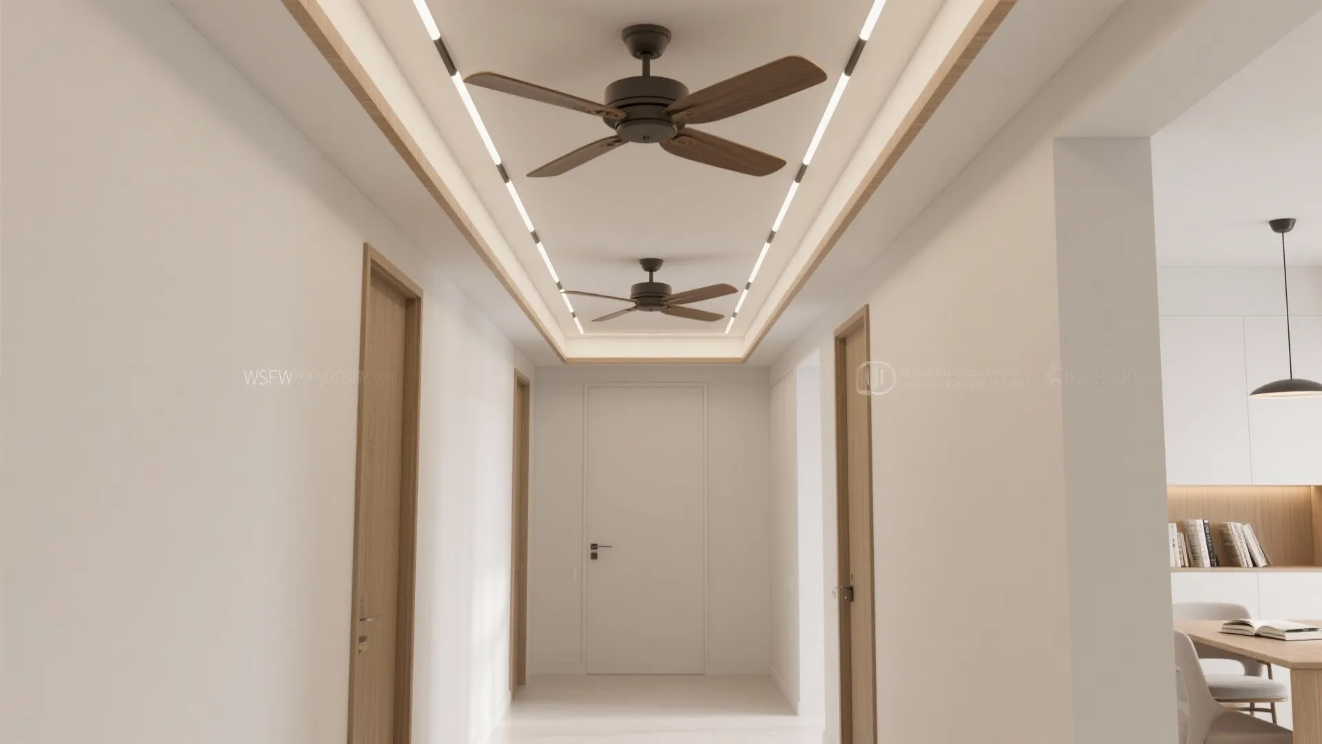 Modern white hallway with wooden doors and ceiling fans showing a dining room in the back