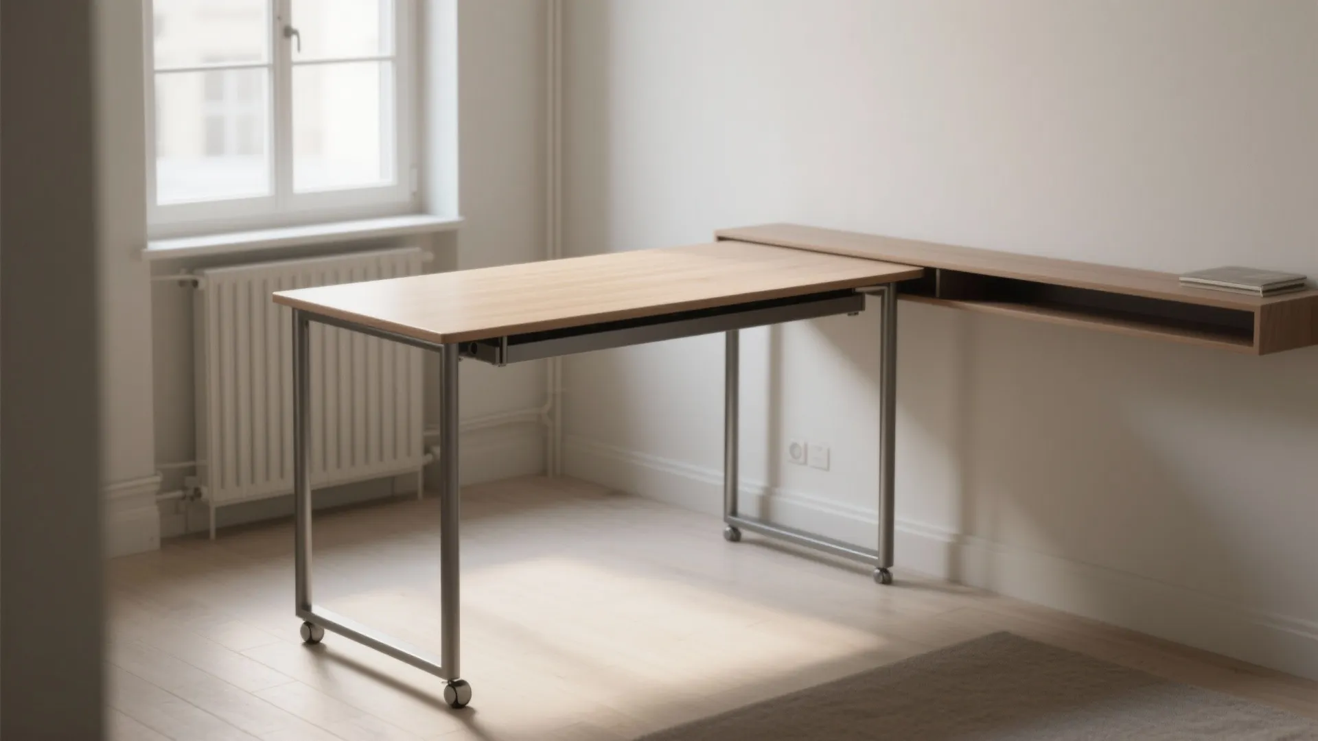 Modern wooden desk with metal legs and wheels placed in a bright white minimalist room