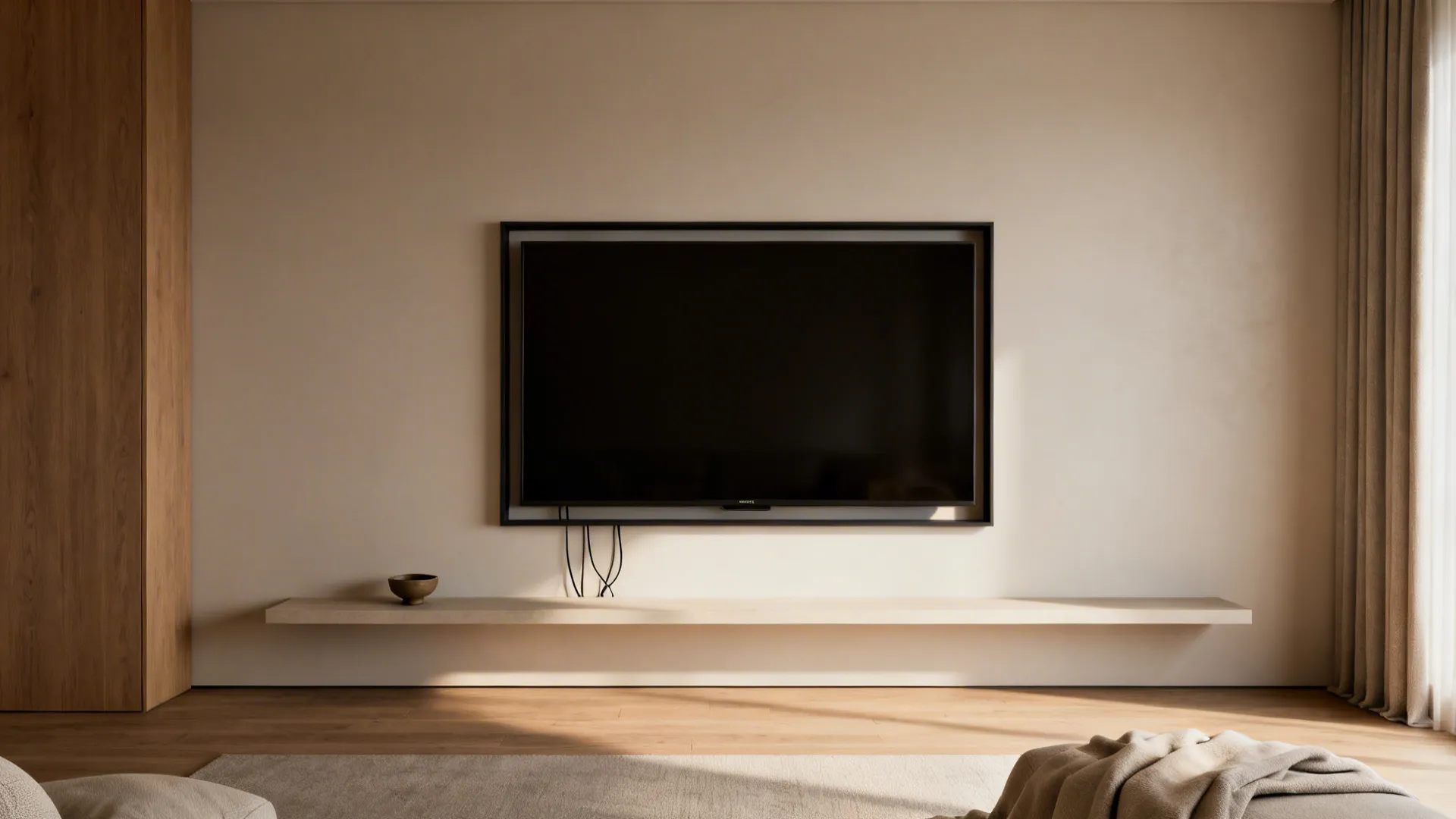 TV wall with a slim floating frame and concealed cables for a minimalist look