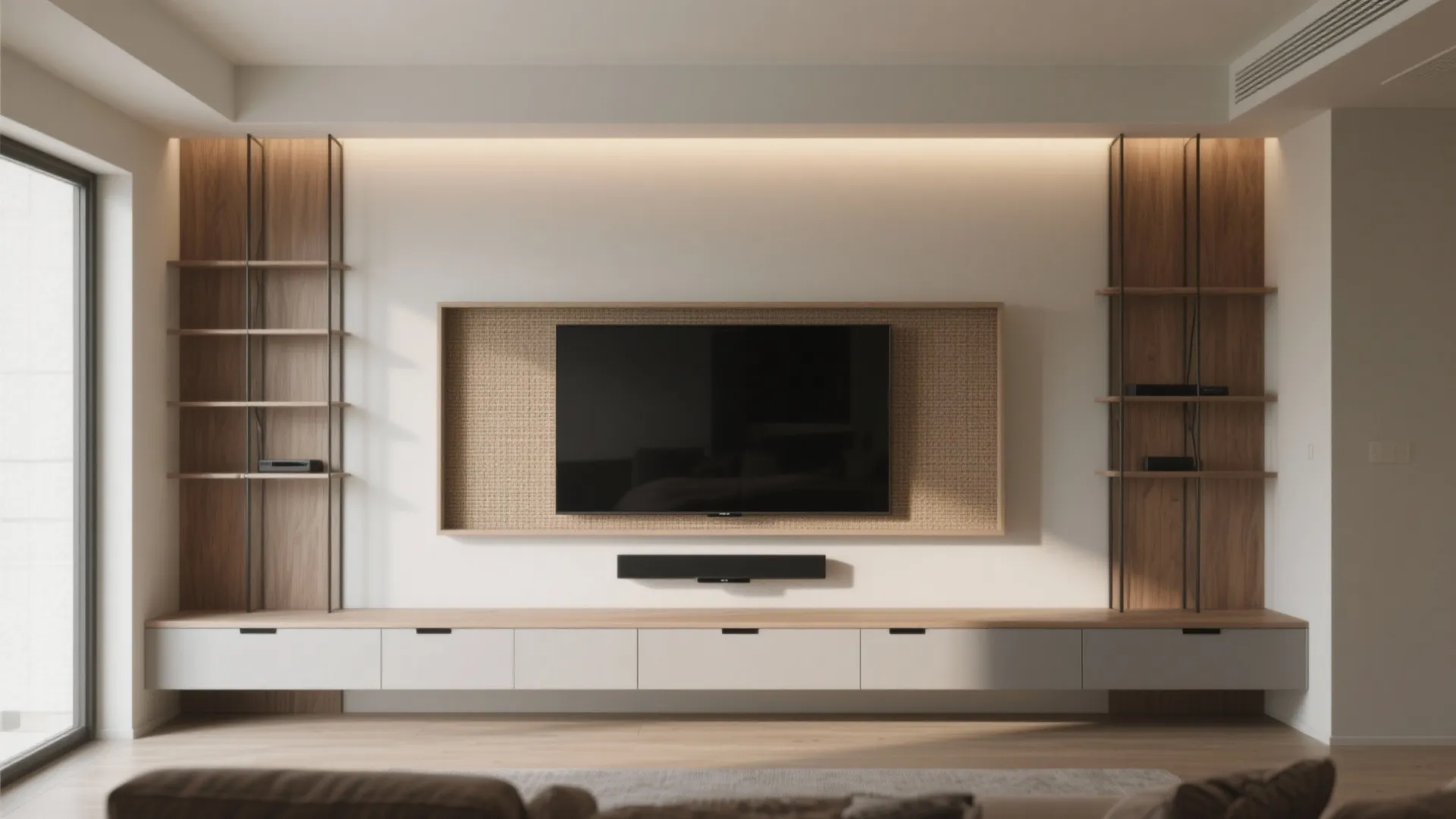 Minimal TV wall with built-in storage