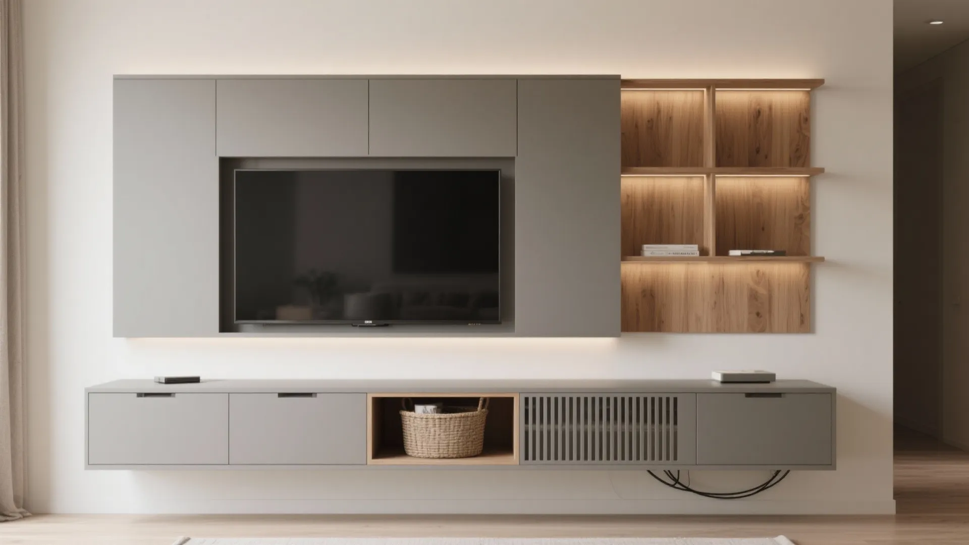 Minimalist storage framing the TV wall