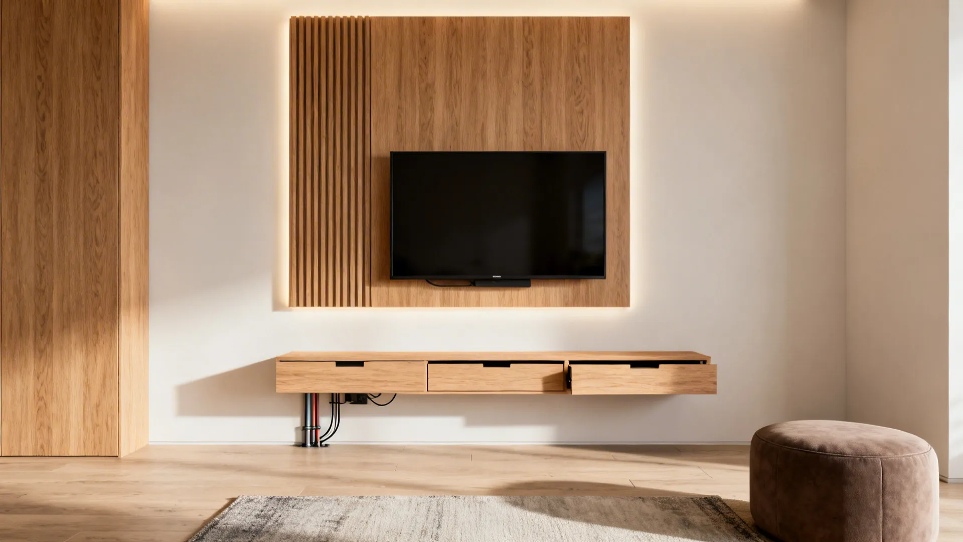 Minimal wall-mounted TV with slim floating console and hidden storage in a small Indian living room.