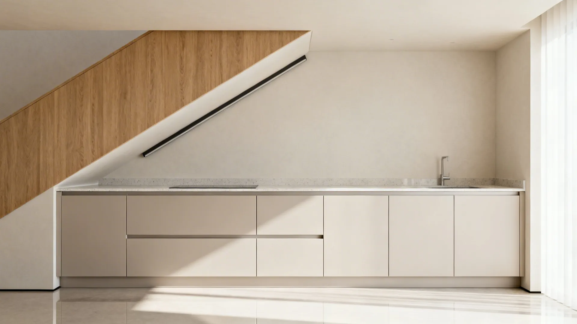 Minimalist under-stair galley with handleless push-latch cabinets and thin countertop