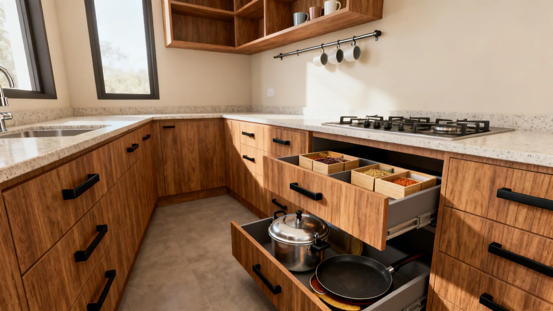 Compact kitchen with open upper shelves and deep wood drawers storing Indian cookware.