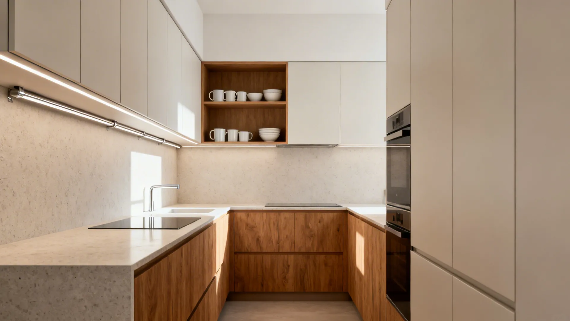 Slim matte upper cabinets with a single open shelf brighten a compact galley kitchen.