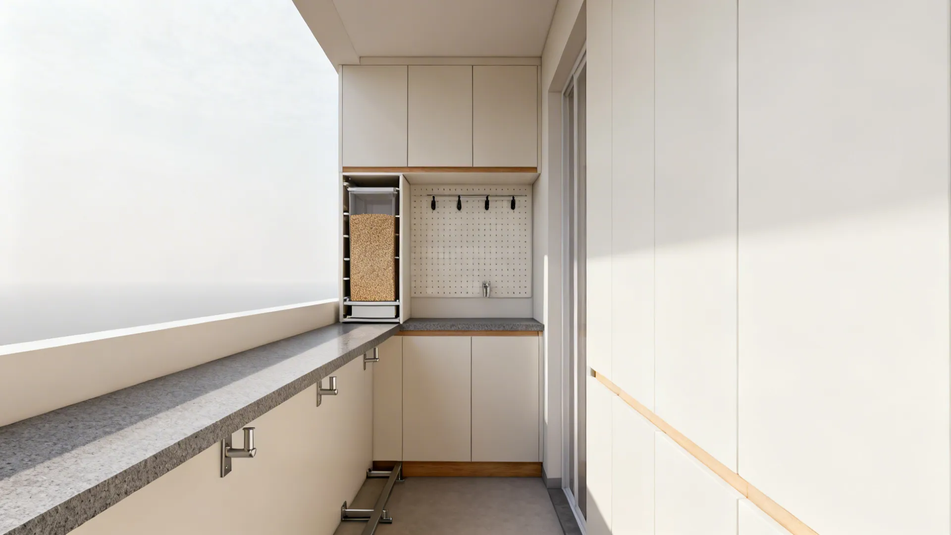 Slim utility spine with shallow uppers, narrow counter, and tall pull-out in a small Indian balcony.