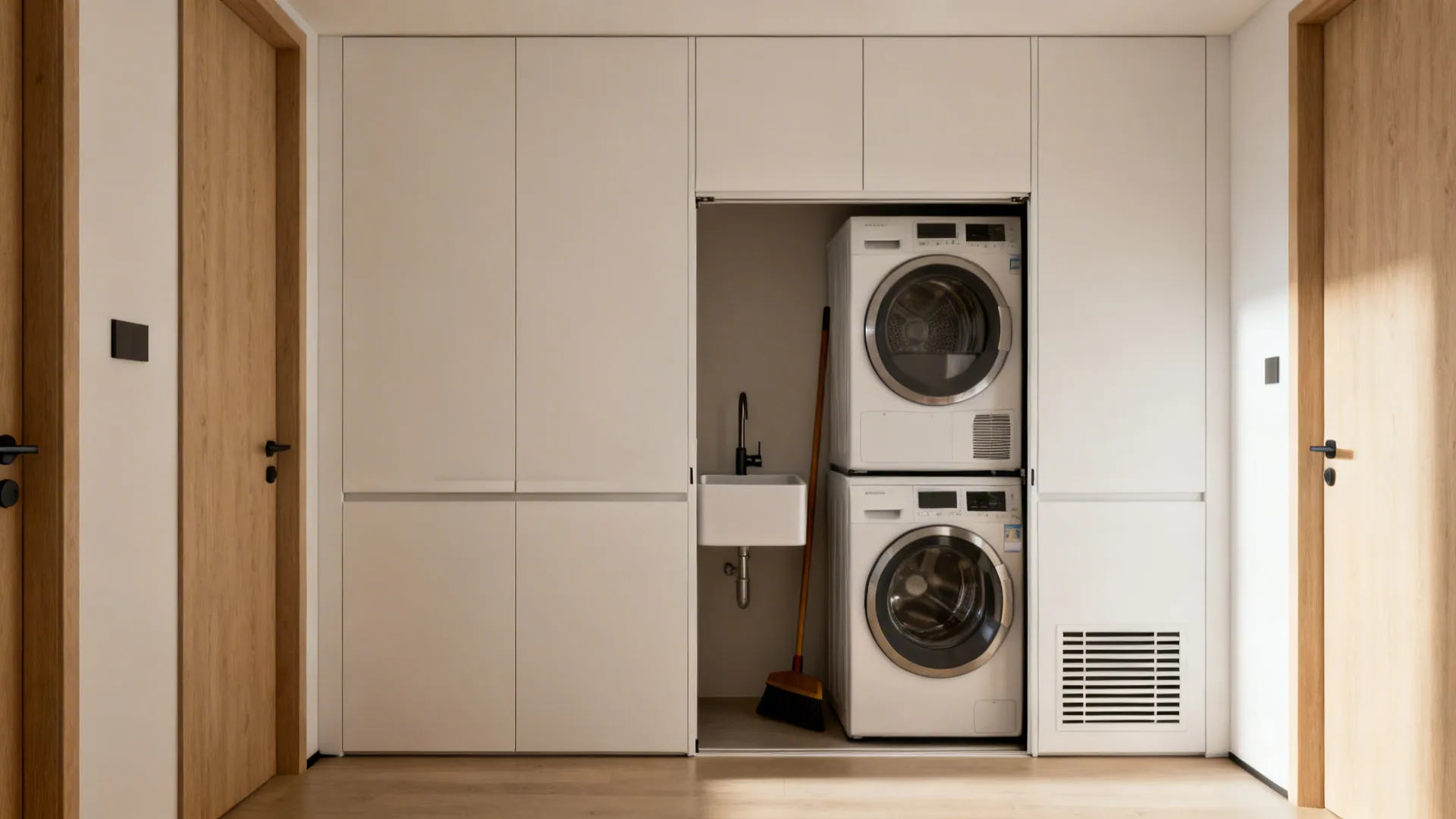 Minimalist full-height cabinet wall with pocket-door utility space open and closed.