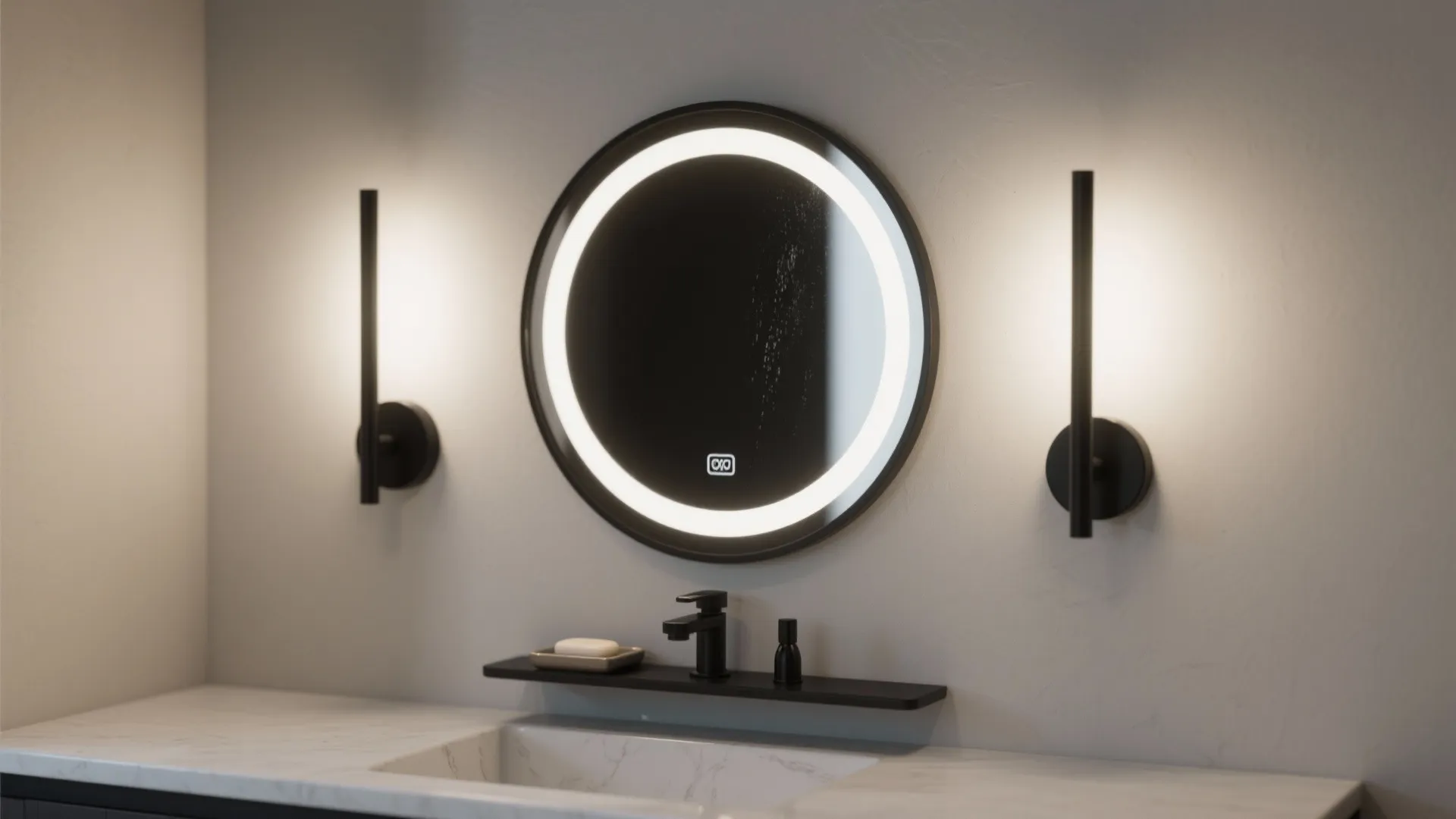Close-up of two slim matte black sconces beside a round mirror above a minimal floating vanity.