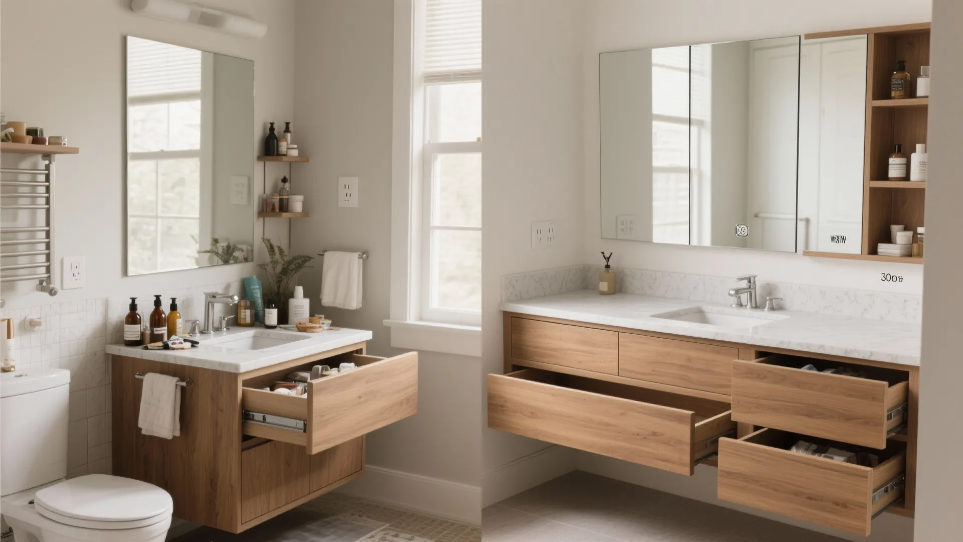 Minimal vanity zones that hide the mess