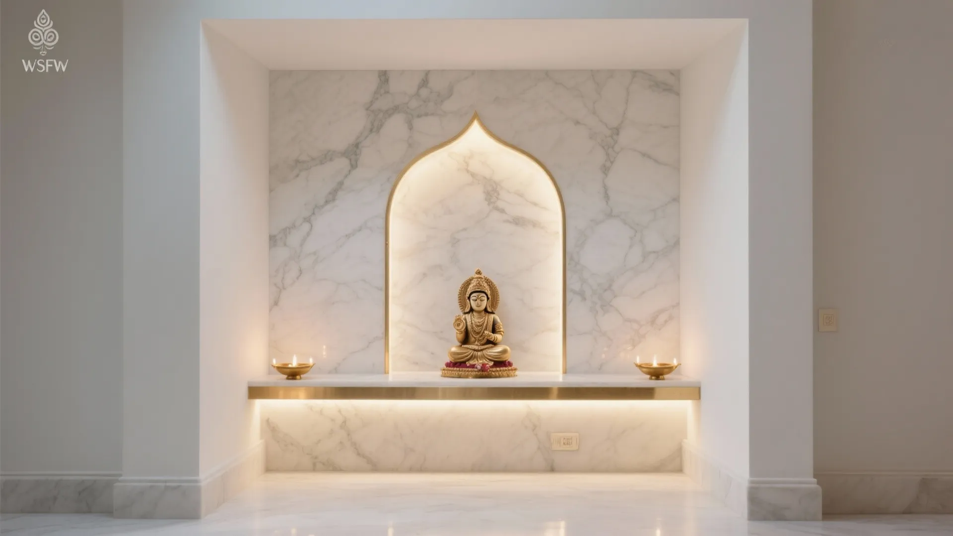 Marble wall niche with gold statue small lights and a thin gold shelf for decoration