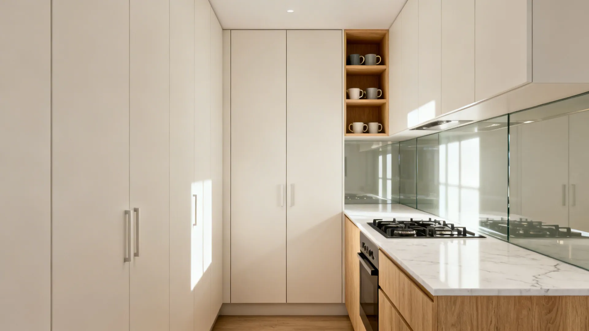 Ceiling-height flat-panel cabinets with a single oak shelf in a compact 10x8 kitchen.